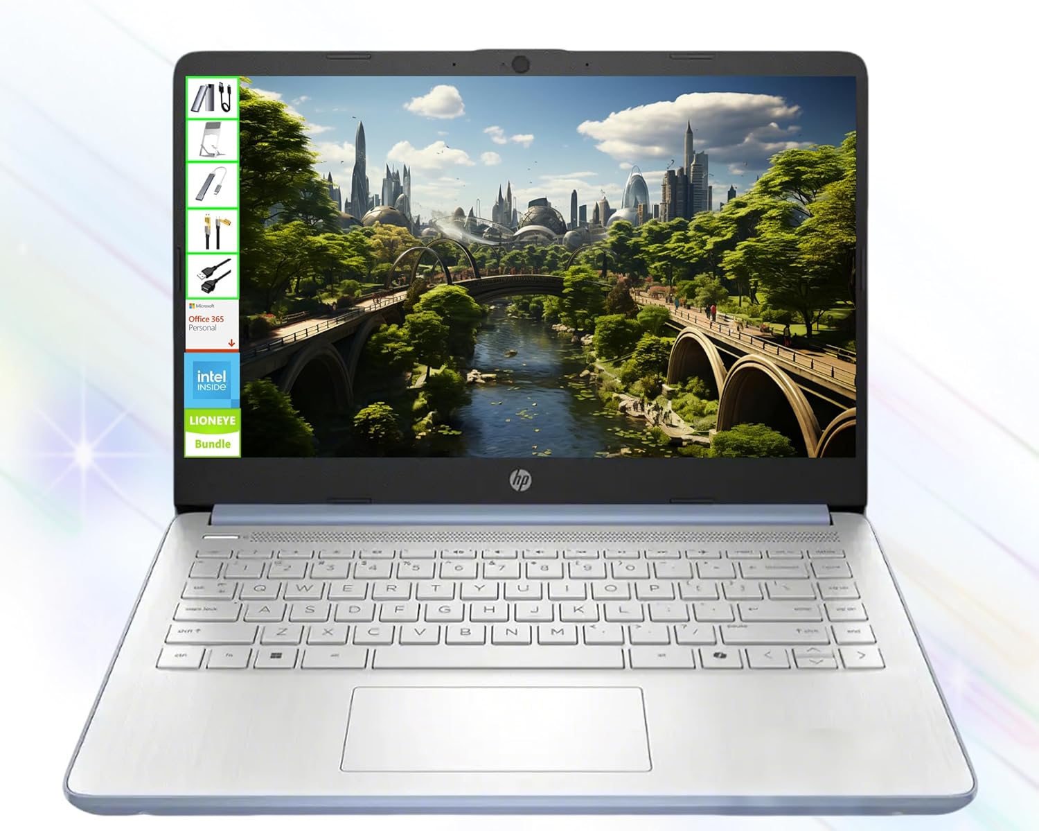 HP Laptop with Microsoft Office and 1TB Cloud Storage (1-Year) | 14 inch HD Computer | 16GB RAM | 128GB UFS & 128GB Portable SSD | Intel 4-Core CPU | Webcam | USB-C | AI-Powered Windows 11 | LE Bundle