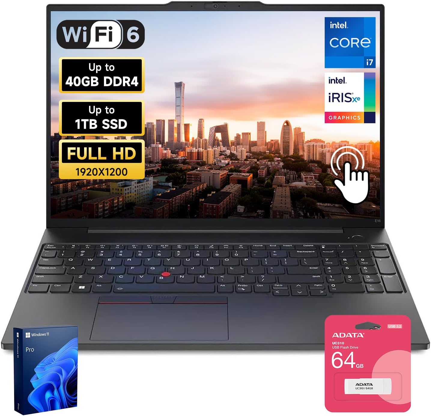 Lenovo ThinkPad E16 Business Laptop, 16″ FHD+ Touchscreen, Intel i7-1355U, 40GB RAM, 1TB SSD, AI Copilot, Fingerprint, Backlit KB, HDMI, Wi-Fi 6, Windows 11 Pro, Bundle with UC310 64GB USB Flash Drive