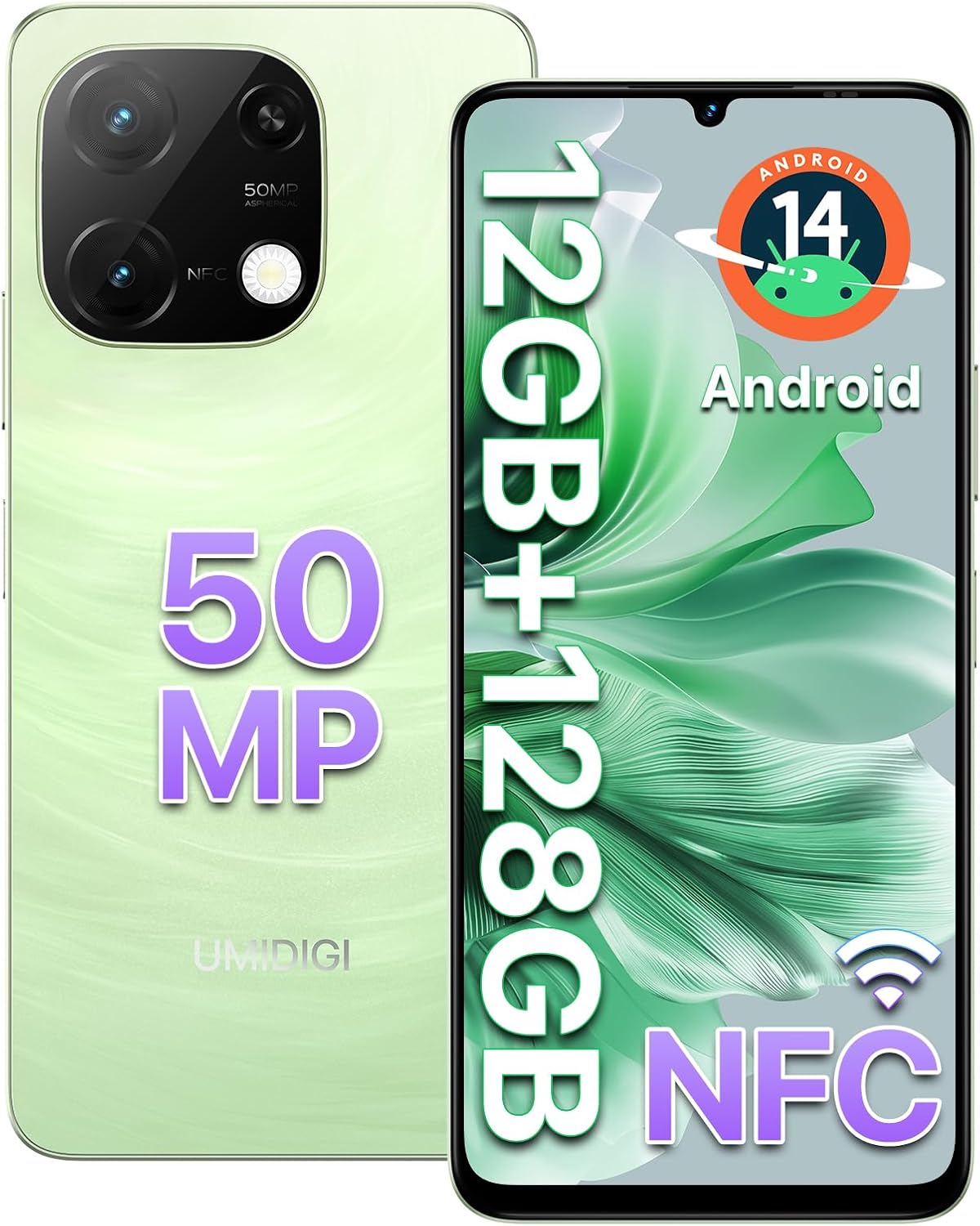 UMIDIGI G9C Android 14 Unlocked Cellphone,Octa-core 12GB +128GB Expand 1TB Unlocked Smartphone,6.75″ HD+ 90Hz,5000mAh Battery,50MP Camera,GPS,BT 5.5,NFC,AI Face Unlock,Warranty,Green