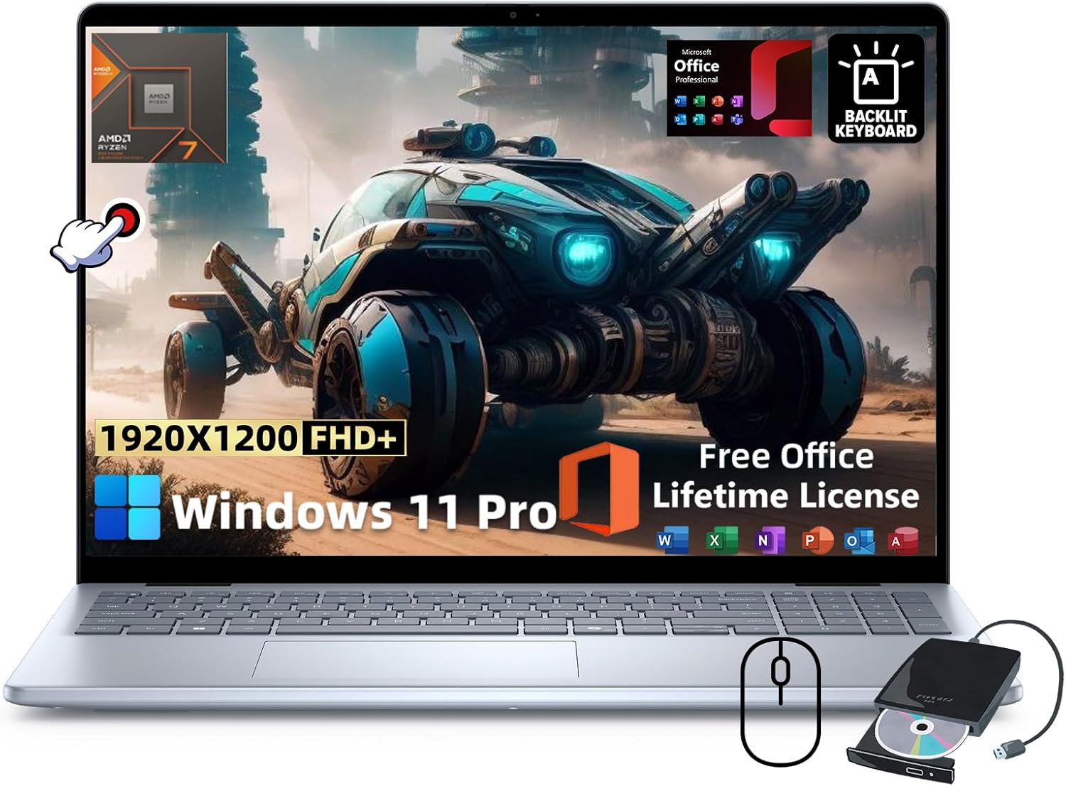 Dell Inspiron 16 Touchscreen Laptop – for Business & Students, 16″ 16:10 FHD+ Display, w/Office Lifetime & External CD Drive, Ryzen 7 8840U, Fingerprint, Backlit KB, Win11 Pro (64GB RAM, 4TB SSD)