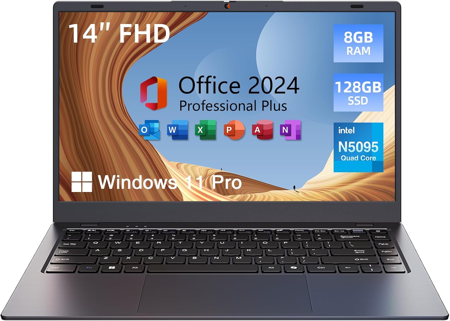 14 inch Windows 11 Laptop Computer, 8GB DDR4 RAM 128GB SSD, 4-Core Intel CPU (Up to 2.9GHz), Thin & Portable Notebook PC, WiFi, BT4.2, MS Office 2024