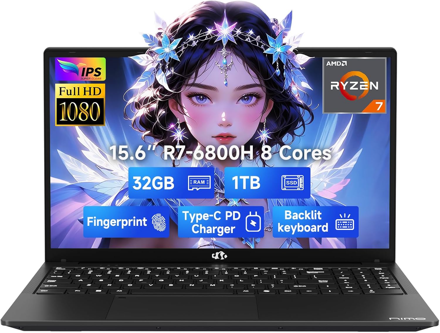 NIMO 15.6″ IPS FHD-Gaming-Laptop, 8 Cores AMD Ryzen 7 6800H 32GB DDR5 RAM 1TB SSD (Beat Intel i7-12700H, Up to 4.7GHz) AMD Radeon 680M GPU-Computer with 100W Type-C Backlit Keyboard, Fingerprint