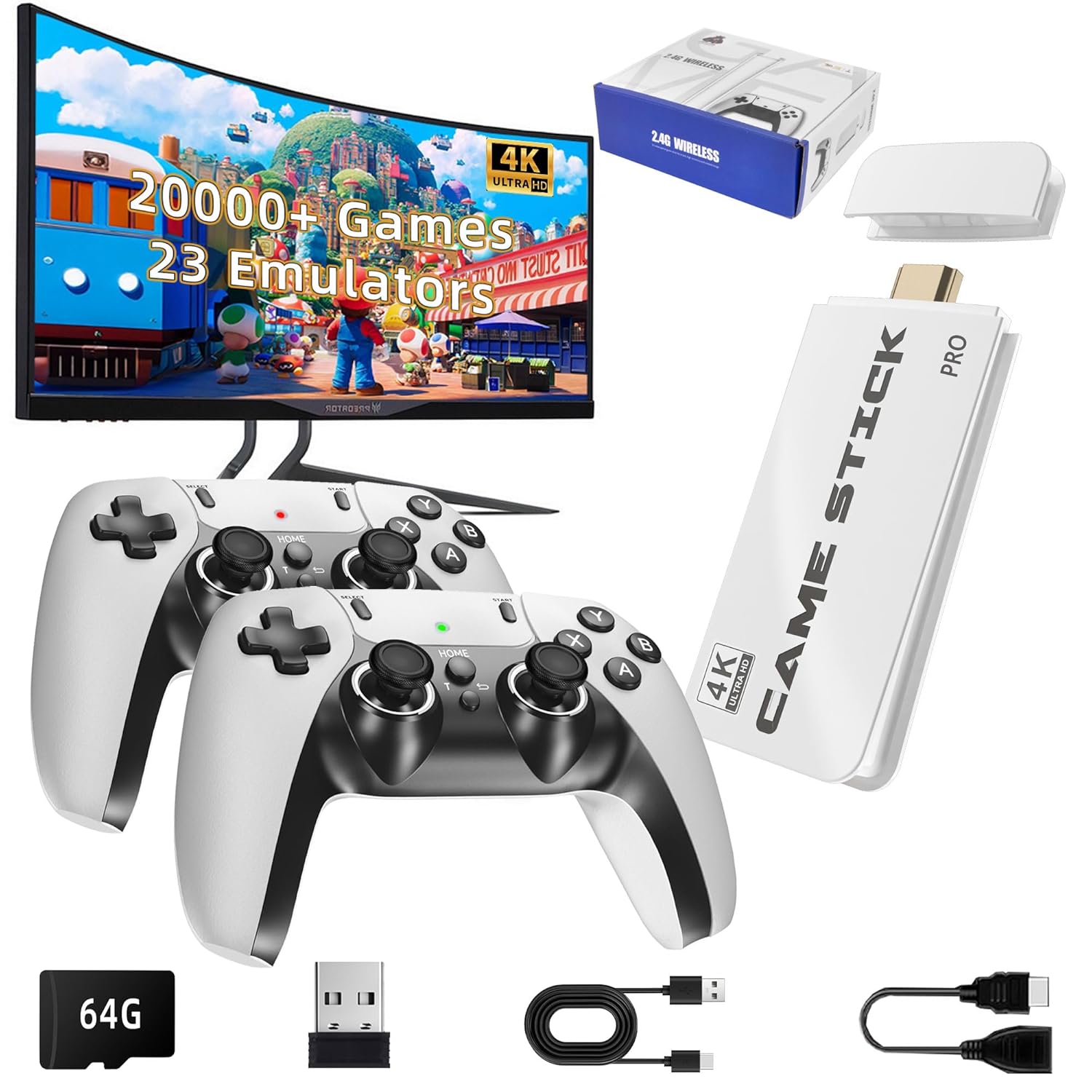 2025 Upgrade Retro Game Console Stick Pro, Classic Video Games with 4K HDMI, Built-in 23 Emulators, 20000+ Games – Plug & Play TV Video Gaming Stick with Upgrade Dual 2.4G Wireless Controllers(64GB)