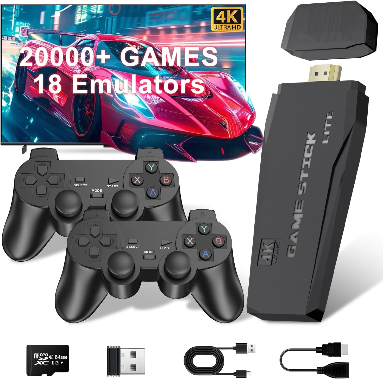 2025 New Retro Gaming Console, Retro Game Stick with 18 Built-in Emulators, Gaming Stick 20,000+ Games, Plug and Play Video Games for Tv, 4K HDMI Output, Upgraded Dual 2.4G Wireless Controllers (64GB)