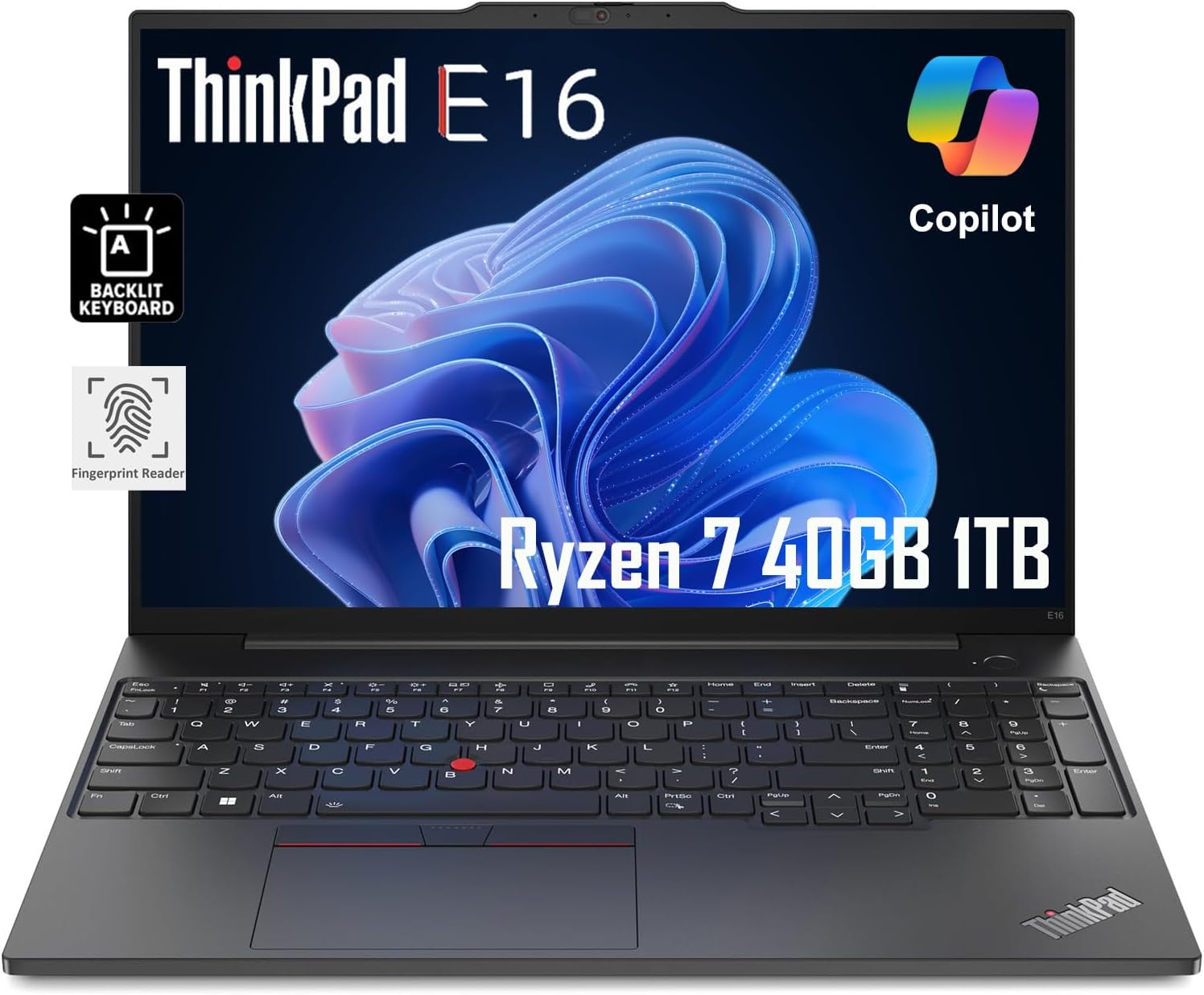 Lenovo ThinkPad E16 Business Laptop (16″ FHD+ Display, AMD Ryzen 7 7730U (Beat i7-1255U), 40GB RAM, 1TB SSD) Fingerprint, Backlit, FHD Webcam, Wi-Fi, Ethernet, Win 11 Pro w/ AI Copilot, Black