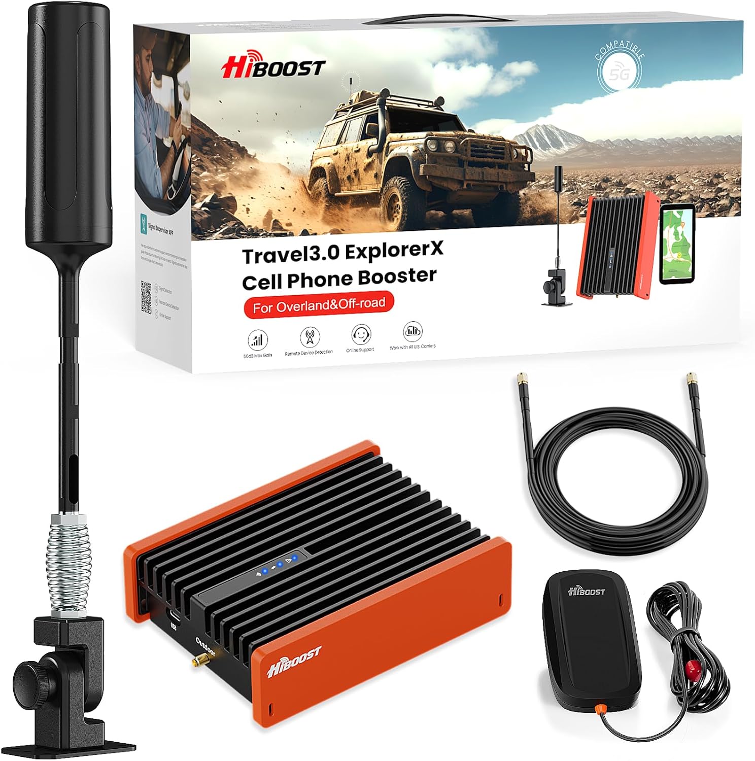 Cell Phone Signal Booster for Overland and Off-road Vehicle | Boosts 5G & 4G LTE for All Carriers – Verizon, AT&T, T-Mobile & More | Folding Antenna Mount | Ultra-stable Booster | FCC Approved