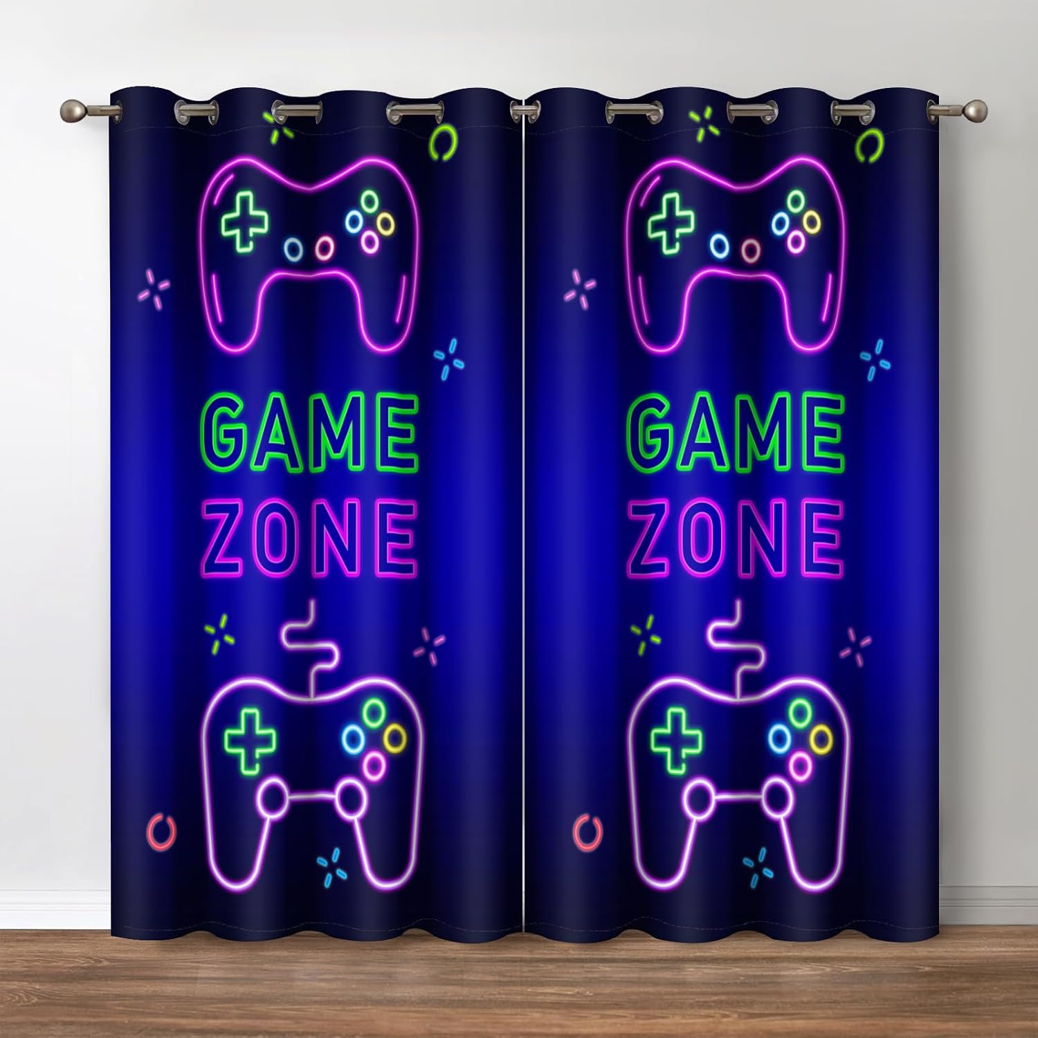 Jekeno Gaming Gamepad Blackout Curtains – Video Games Controller Neon Sign Pattern Drapes Decor Bedroom Apartment Playroom Living Room Darkening Grommet Window Treatments 2 Panels Set, 52×84 Inch