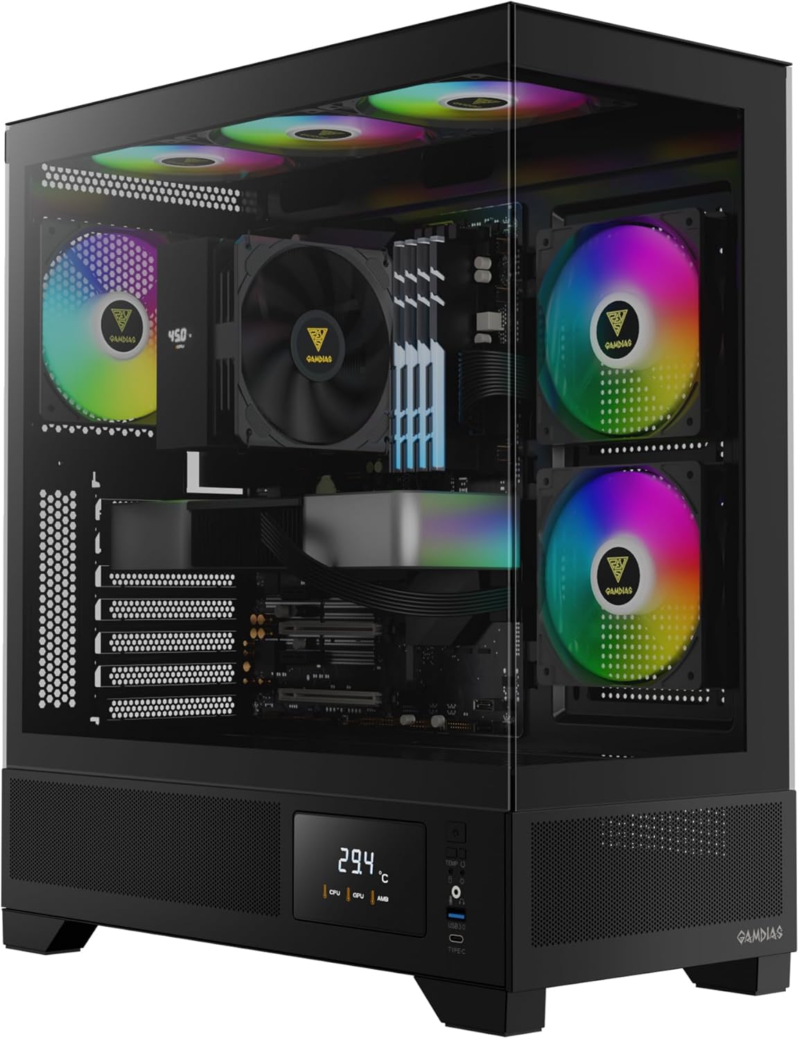 GAMDIAS Mid Tower Gaming Computer Case w/Display& App, ATX Tempered Glass PC Case, Built-in 3X 120mm ARGB PWM Fans, Up to RTX 4000 GPU/VGA 410mm& 360mm AIO/Radiator& 6x120mm Fans& 160mm CPU Cooler