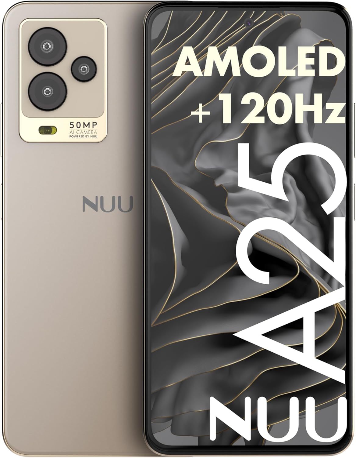 NUU A25 AMOLED 120Hz 6.7″ Phone for T-Mobile, ATT, Cricket, Mint, Ultra, Metro, Gaming Phones, Octa-Core Helio G99, 4G/LTE Dual SIM, 6GB + 128GB 50MP Camera, Champagne, International Travel