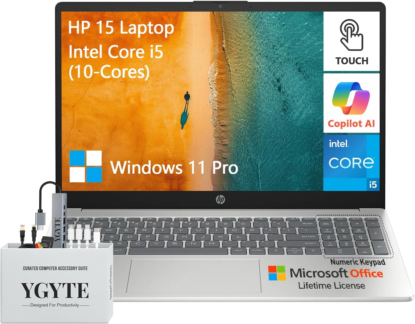HP 2025 15.6 Laptop Touchscreen Computer, Intel 10-Core i5, Touch Screen Laptop 15 Inch, 40GB RAM 1.5TB Storage (1TB SSD+512GB Docking Set), Windows 11 Pro Lifetime Office, 10-Key Number Pad