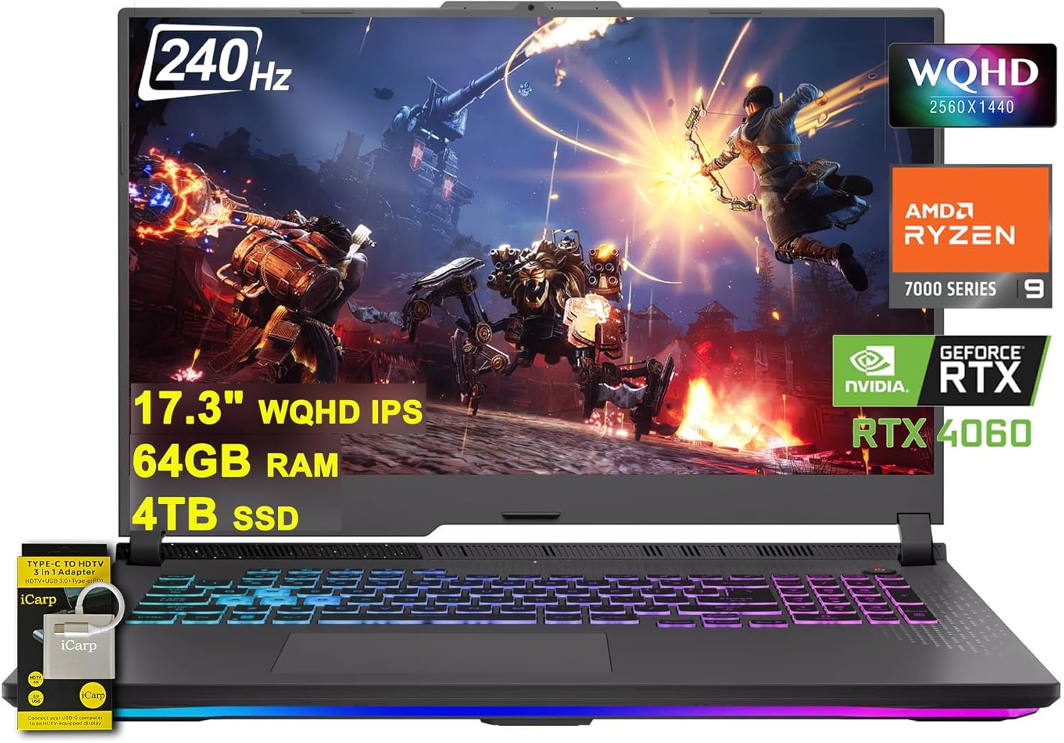 Asus ROG Strix G17 G713 Gaming Laptop 17.3″ WQHD IPS 240Hz AMD 12-Core Ryzen 9 7845HX (Beat i9-12900H) 64GB RAM 4TB SSD GeForce RTX 4060 8GB USB-C RGB Backlit Fast Charging Win11 w/ICP Accessory