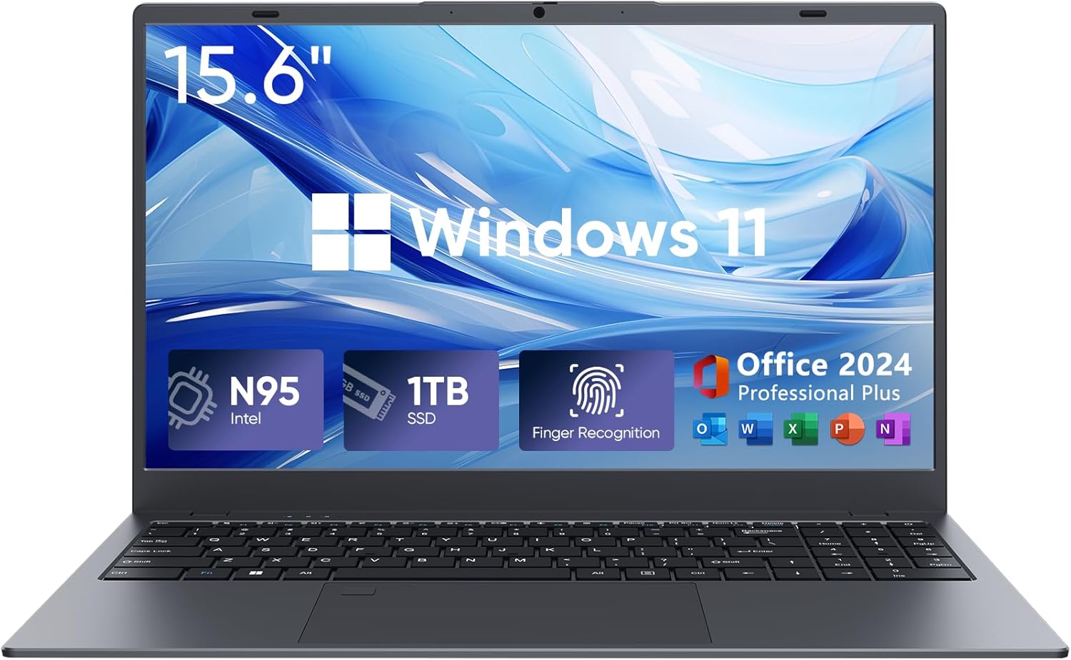 Laptop Computer with MS Office 2024, 1TB SSD, 12GB RAM Laptops, Quad Core N95 Processor, 15.6″ FHD IPS Display, Win11 Laptop Support Fingerprint, WiFi 5, BT 5.0, USB-C, HDMI, Black