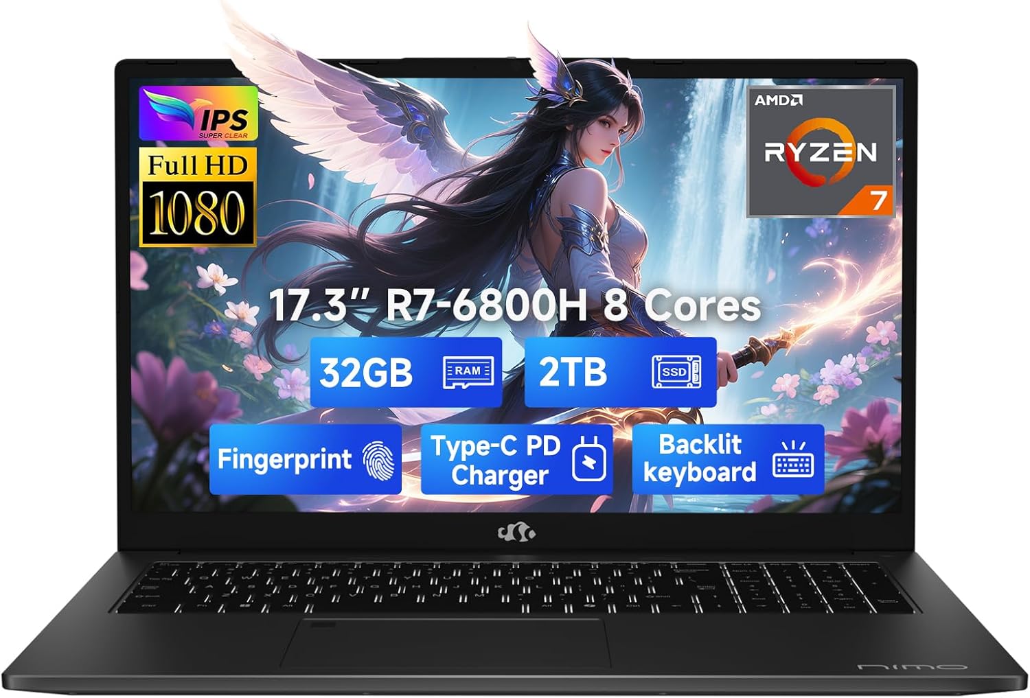 NIMO 17.3″ IPS FHD-Gaming-Laptop, 8 Cores AMD Ryzen 7 6800H 32GB DDR5 RAM 2TB SSD (Beat Intel i7-12700H, Up to 4.7GHz) AMD Radeon 680M GPU-Computer with 100W Type-C Backlit Keyboard, Fingerprint