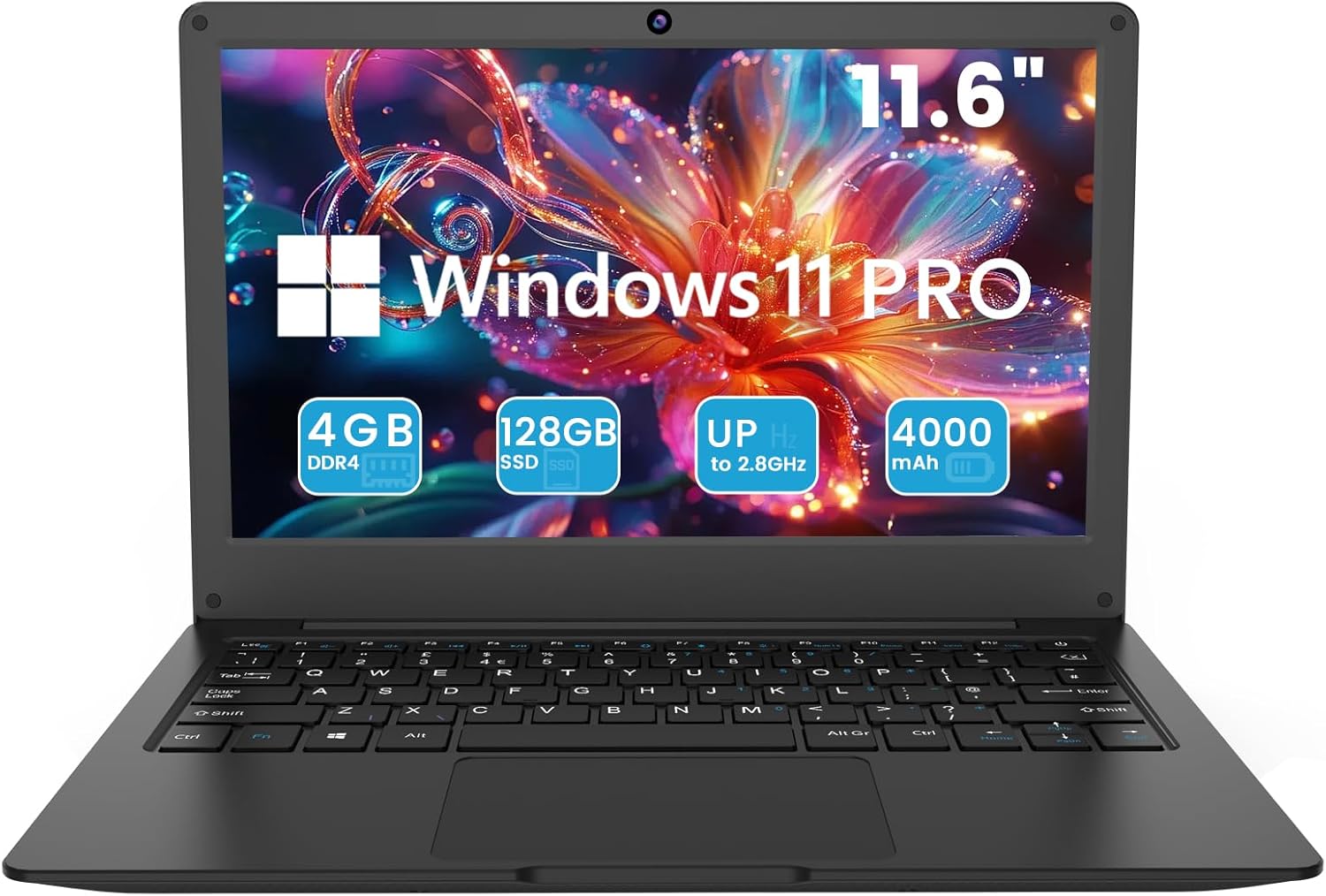 Azeyou 11.6” Laptop HD Display, Student Laptop Computer 4GB DDR4 RAM, 128GB SSD, Windows 11 Pro Laptops, Metal Shell, WiFi, BT4.2, USB3.0, Type_C 4000mAh Battery (Black)