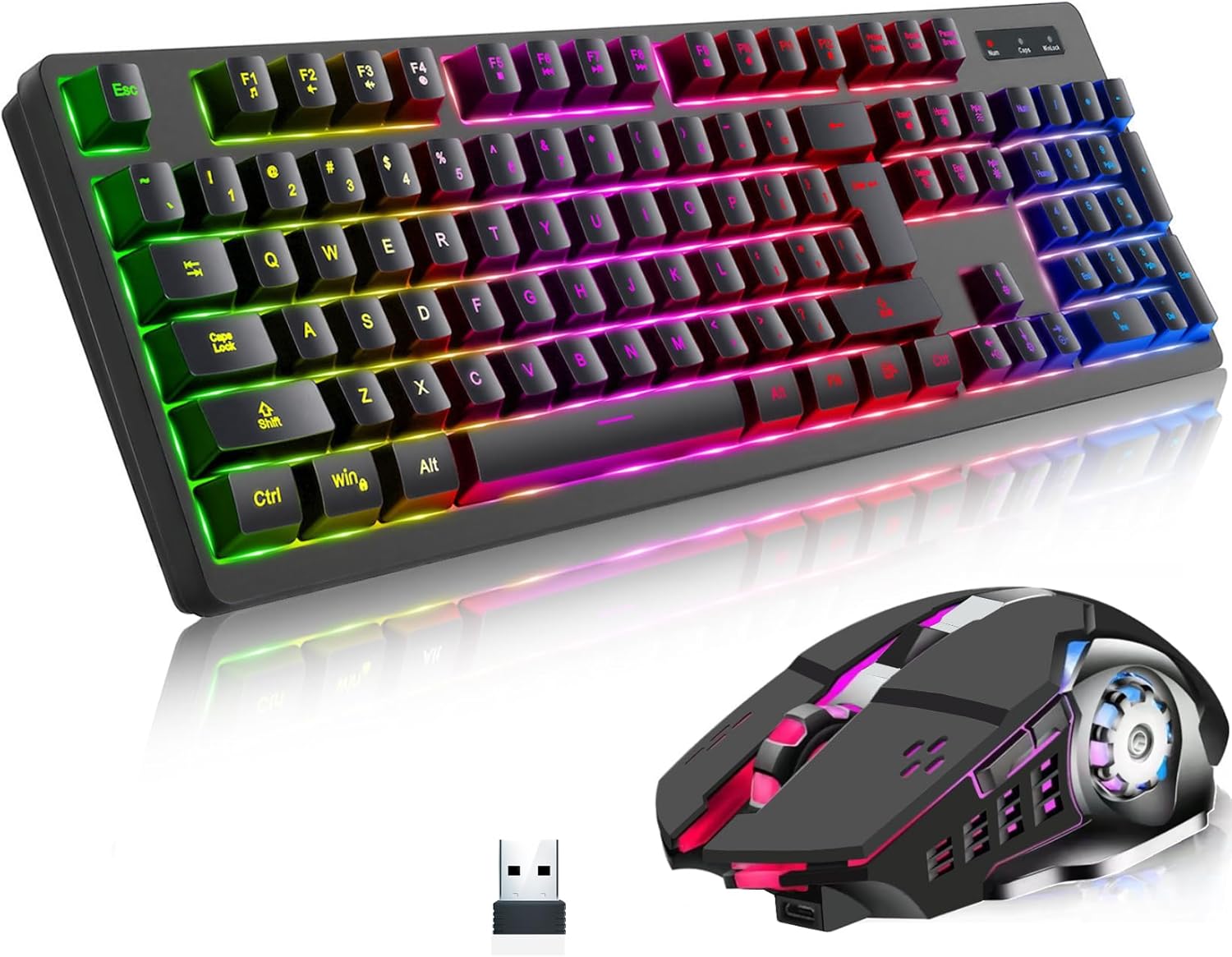 Wireless RGB Gaming Keyboard and Mouse – Rechargeable RGB Backlit,Long Battery Life,Mechanical Feel,7 Color Gaming Mouse for PC Game and Work