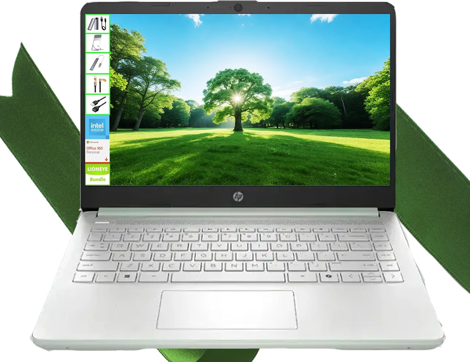 HP Laptop with Microsoft Office and 1TB Cloud Storage (1-Year) | 14 inch HD Computer | 16GB RAM | 128GB UFS & 128GB Portable SSD | Intel 4-Core CPU | Webcam | USB-C | AI-Powered Windows 11 | LE Bundle