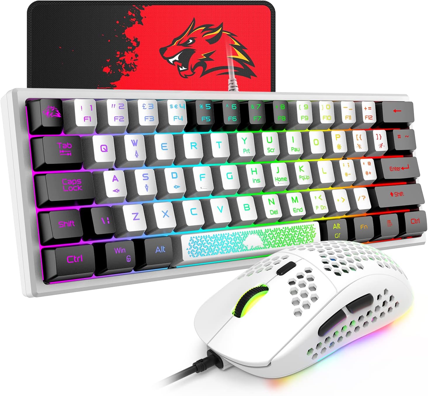 XINMENG 60% Wired Gaming Keyboard and Mouse Combo True RGB Mini Mechanical Feel Ultra-Compact Keyboard and RGB 6400 DPI Honeycomb Optical Mouse,Gaming Mouse pad for Windows Mac Laptop PC Gamer