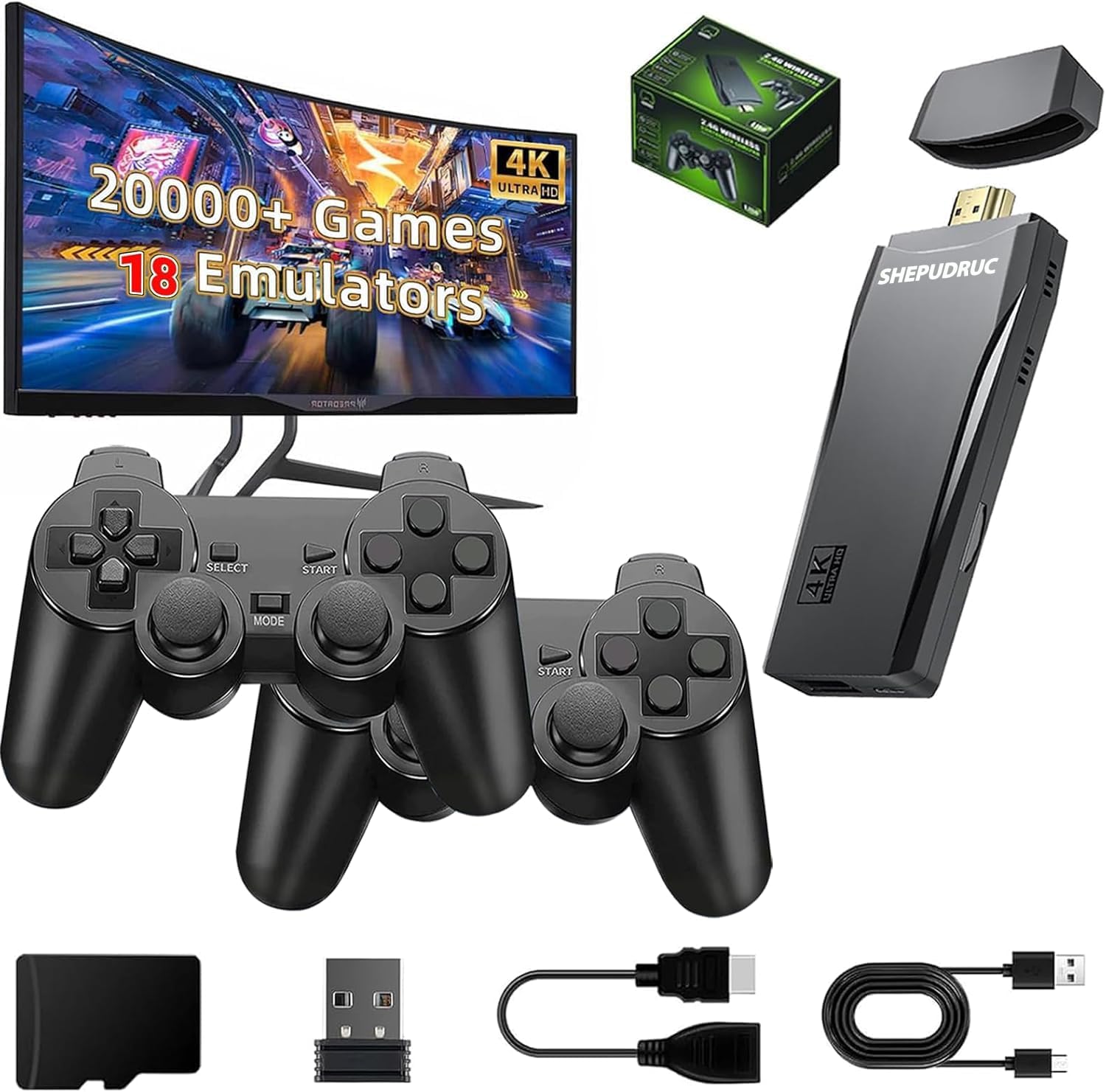 Wireless Retro Handheld Game Console, Game Console Stick Built-in 20000+ Plug-and-Play Video Games, Equipped with 18 Simulators, 4K HDMI Output and Dual 2.4G Controller（64GB Memory Card）