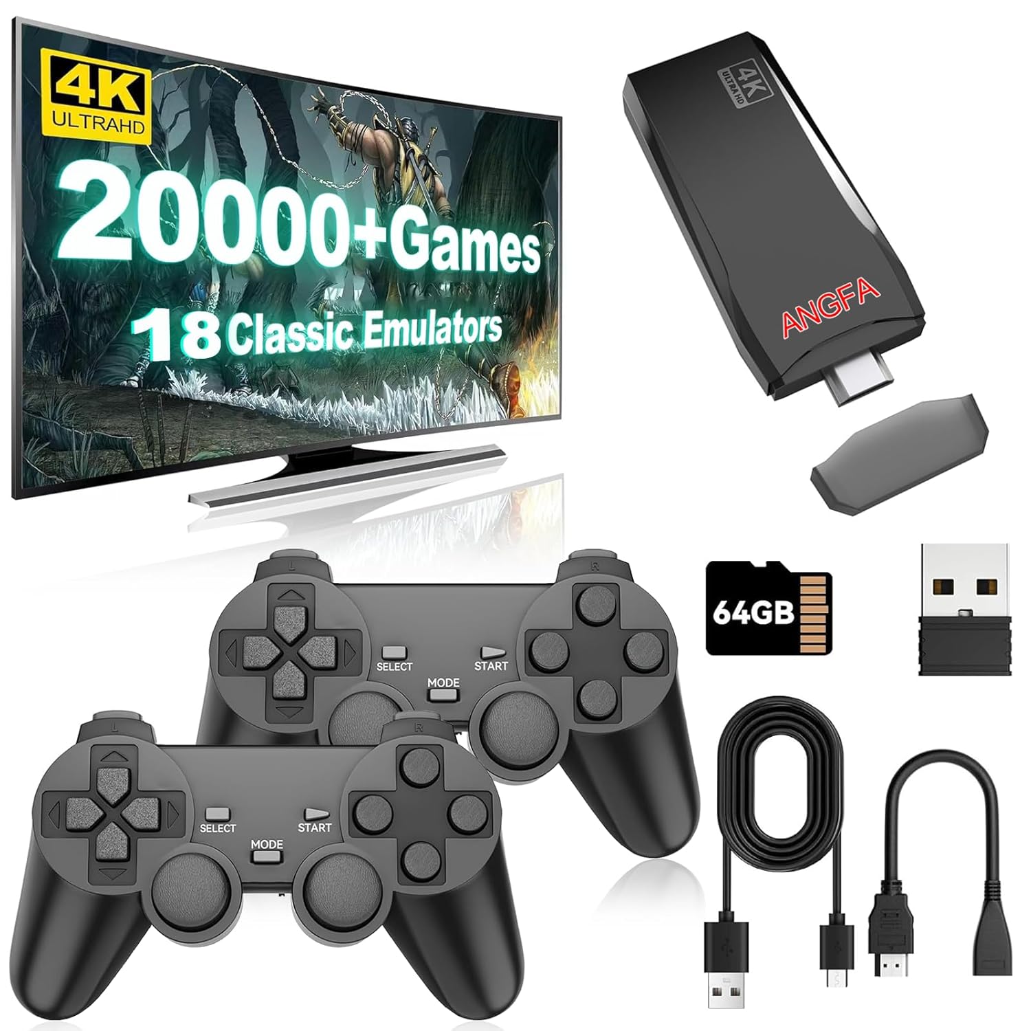 ANGFA Wireless Retro Game Console Stick, Upgrade Retro Video Gaming Stick Built in 20000+ Games with 18 Emulators, 4K HDMI Output with 2 Pack 2.4G Wireless Controllers for Nostalgia Gifts- 64GB