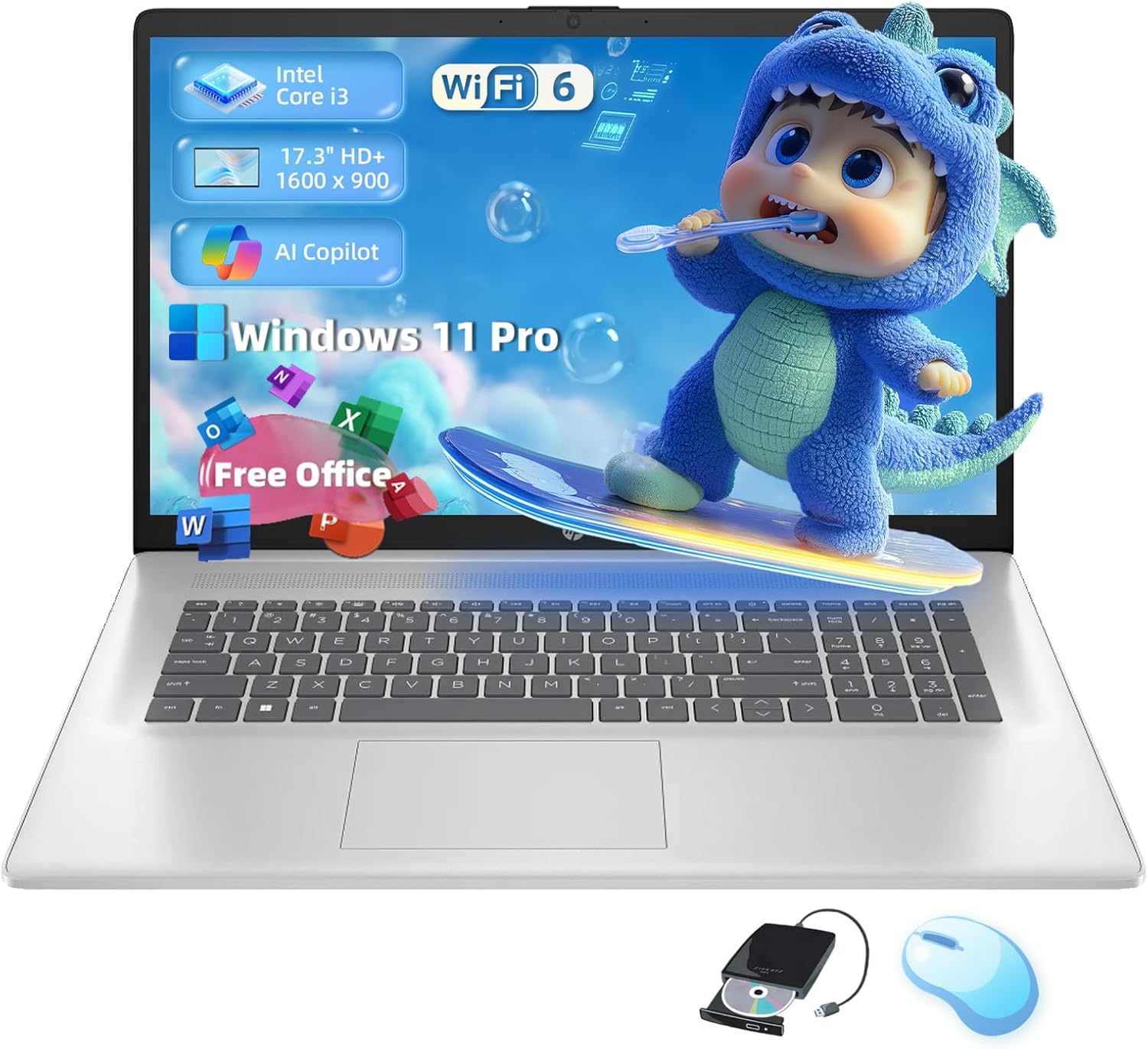 HP Flagship 17 Laptop Computer – 17.3″ 250 nits Display, Intel i3-N305, 32GB RAM, 1TB PCIe SSD, Windows 11 Pro, Office Pro Lifitime, Numeric Keypad, Wi-Fi 6, Copilot, w/DVD Drive