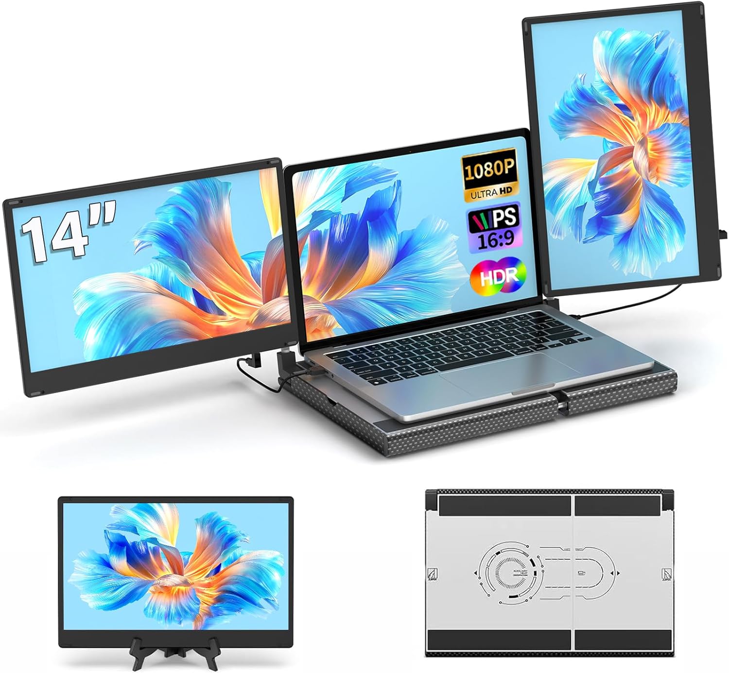 14″ FHD 1080P Laptop Screen Extender, Portable, Plug & Play, 360° Rotation, Detachable, Triple Screen Compatible with Mac, Windows, Chrome