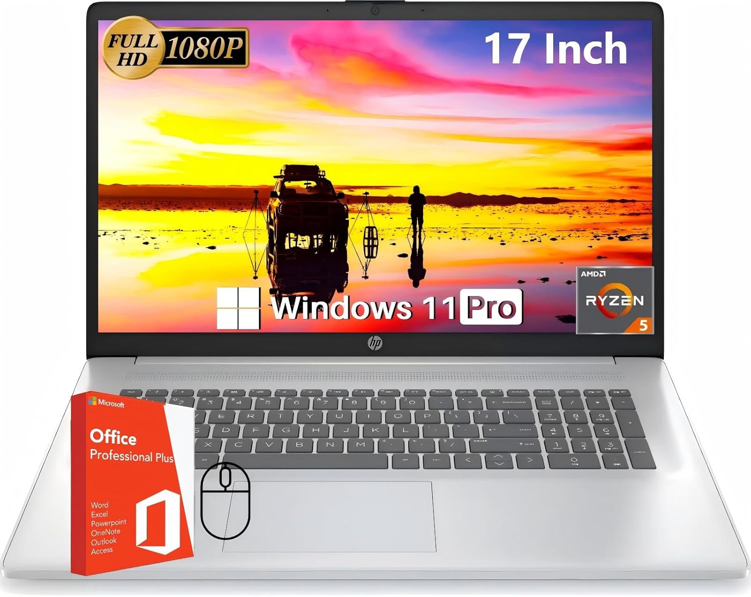 HP 17 inch Laptop, Office Pro Lifetime License, 17.3″ Full HD IPS Display, AMD Ryzen 5 7430U, AMD Radeon Graphics, 32 GB RAM, 1 TB SSD, Wi-Fi 6, Copilot AI, Webcam, Windows 11 Pro, w/Accessories