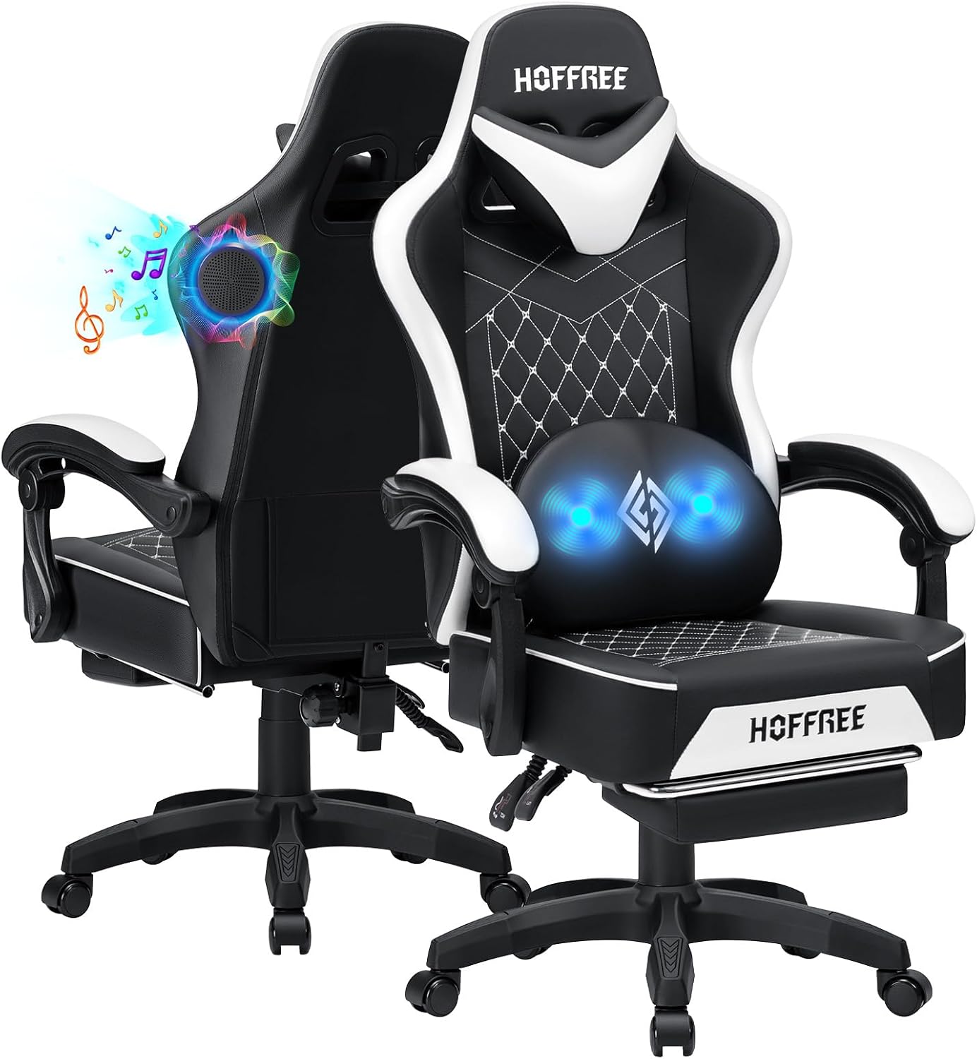 HOFFREE Gaming Chair Computer Chair with Speakers Massage Game Chairs with Footrest Bluetooth High Back Ergonomic Computer Gaming Chairs for Adults Reclining Video Gamer Chair White and Black