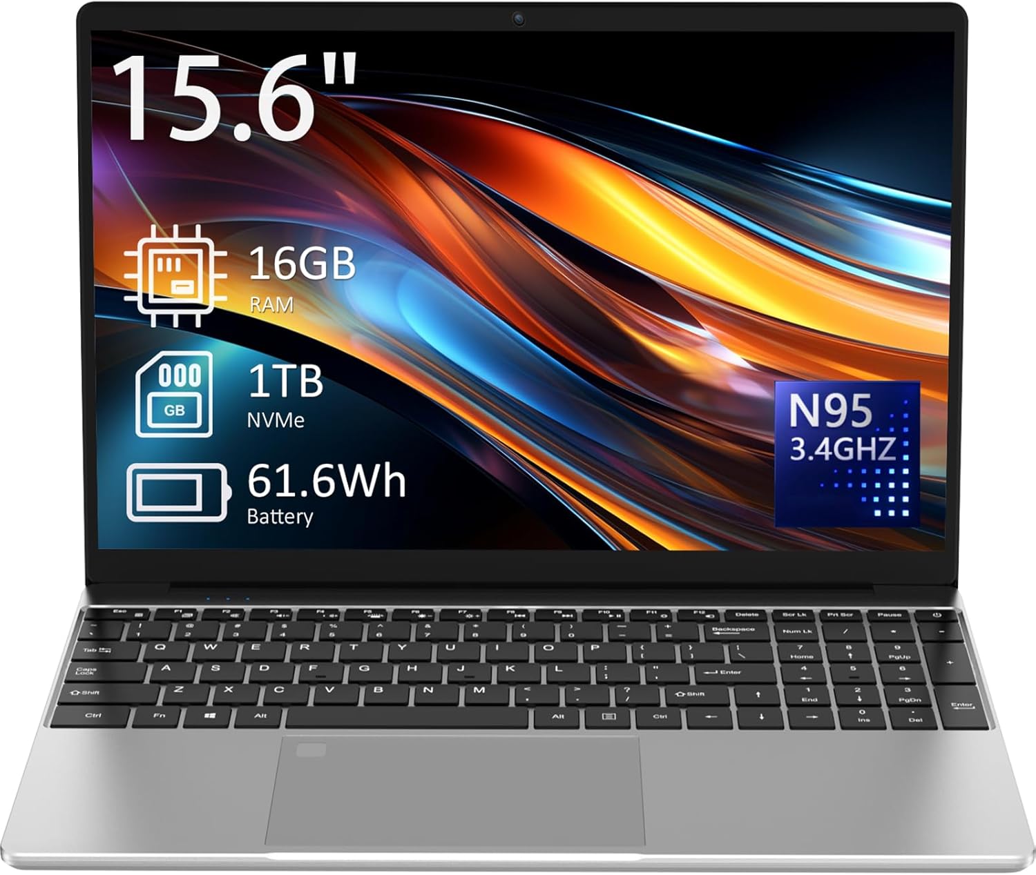 15.6″ Laptop Computer, 16GB RAM, 1TB NVMe, 4C4T N95 Up to 3.4GHz, FHD Display, Backlit Keyboard, Fingerprint Reader, Big 8000mAh Battery, Win11 Pro, Upgradable to 10TB Storage, Silver, T152A