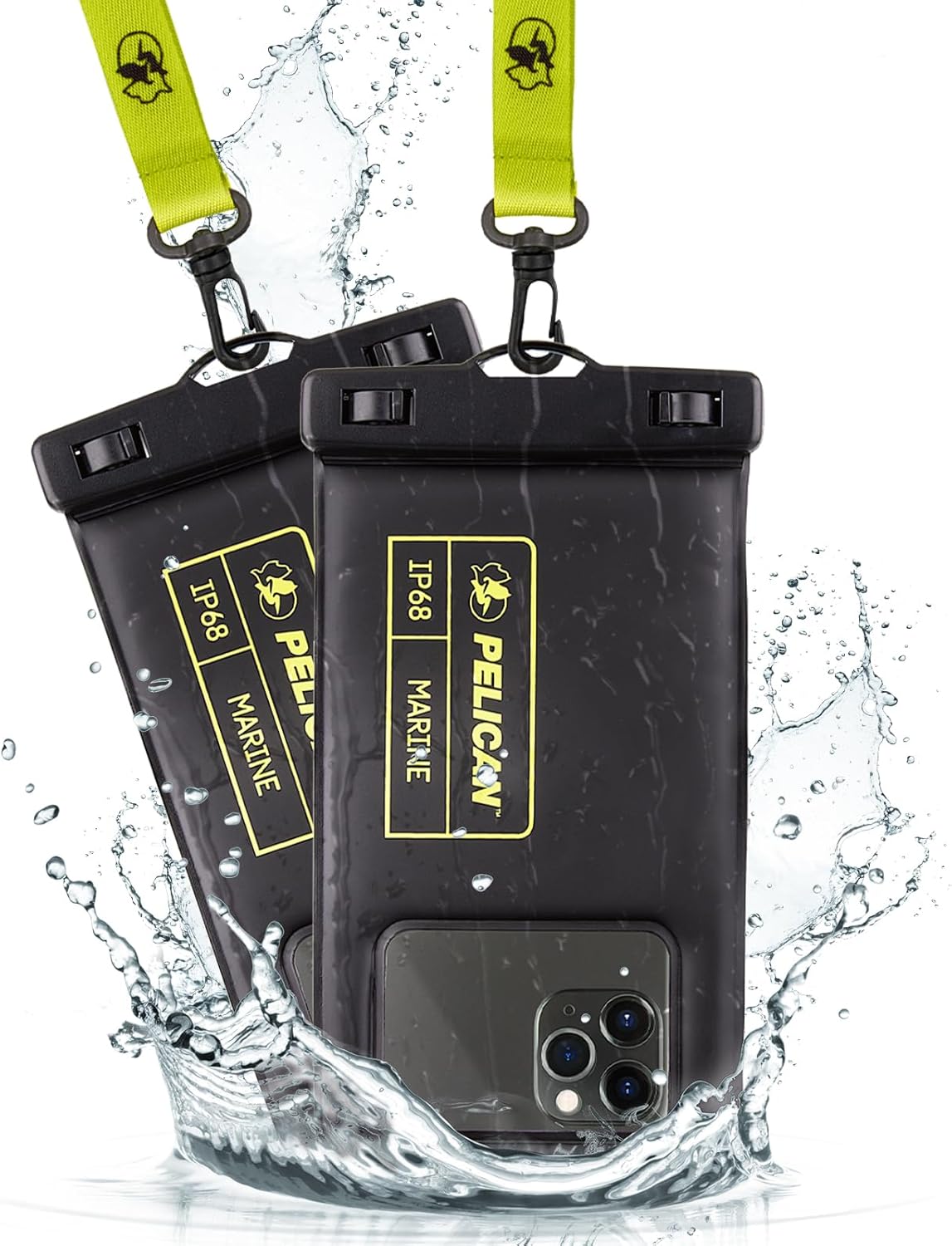 Pelican 2 Pack Marine – IP68 Waterproof Phone Pouch (Regular Size) Floating Waterproof Phone Case – Beach Cruise Ship Travel Essentials – Works w/ All Phones – Detachable Lanyard – Black/Hi-Vis Yellow