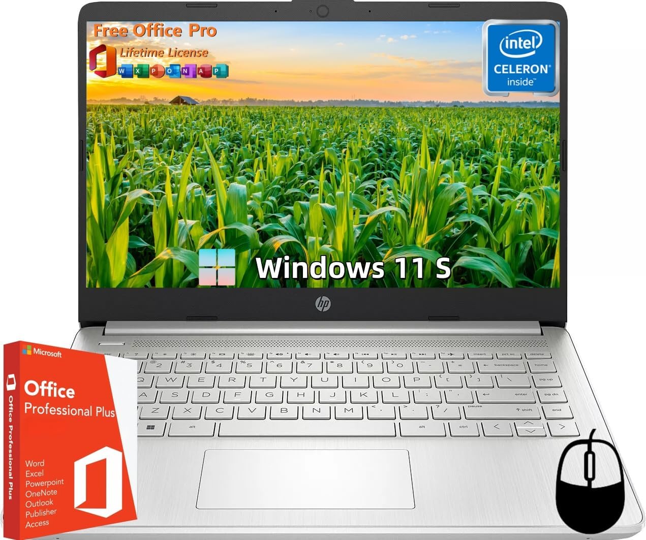 HP 14″ Laptop for Student Business, with Office Lifetime License & Windows 11 S, Intel Dual-Core N4120, 16 GB RAM, 384 GB Storage(128GB eMMC+256GB Micro SD), Ultra Light, Webcam, WiFi, HDMI, Silver