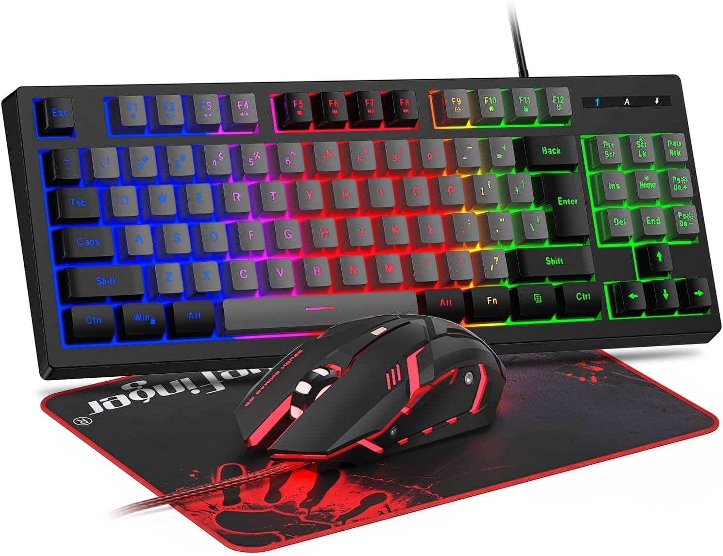 BlueFinger RGB 87 Keys Gaming Keyboard and Backlit Mouse Combo, USB Wired Rainbow Keyboard, Gaming Set for Laptop PC Computer Game and Work(Black & Gray)