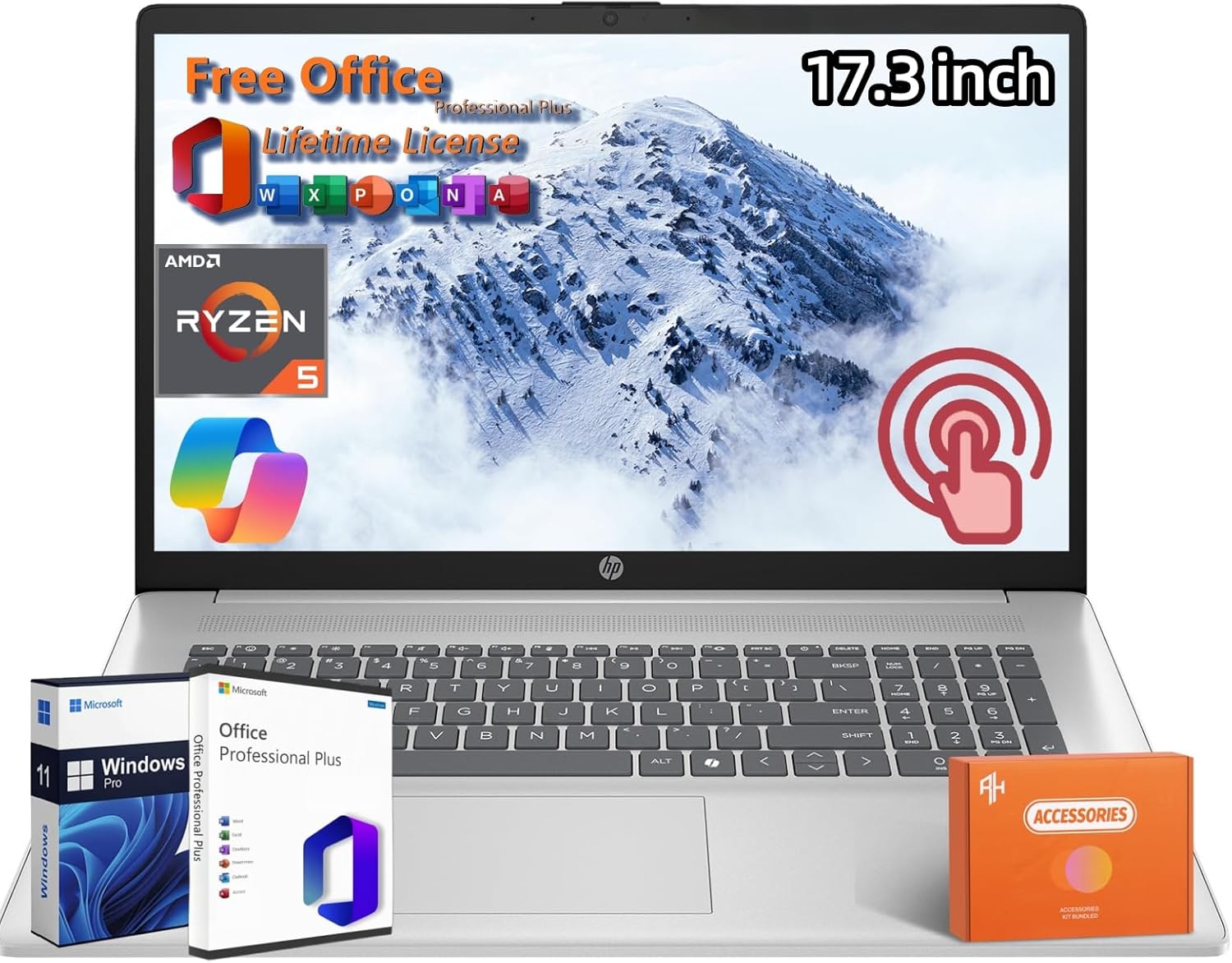 HP 17.3 inch Touchscreen 2025 Business Laptop, AMD Ryzen 5 7430U(Up to 4.3GHz), 17″ HD+ Touch Screen, 32 GB RAM, 1 TB SSD, WiFi6, Copilot, Windows 11 Pro, Microsoft Office Pro Lifetime License