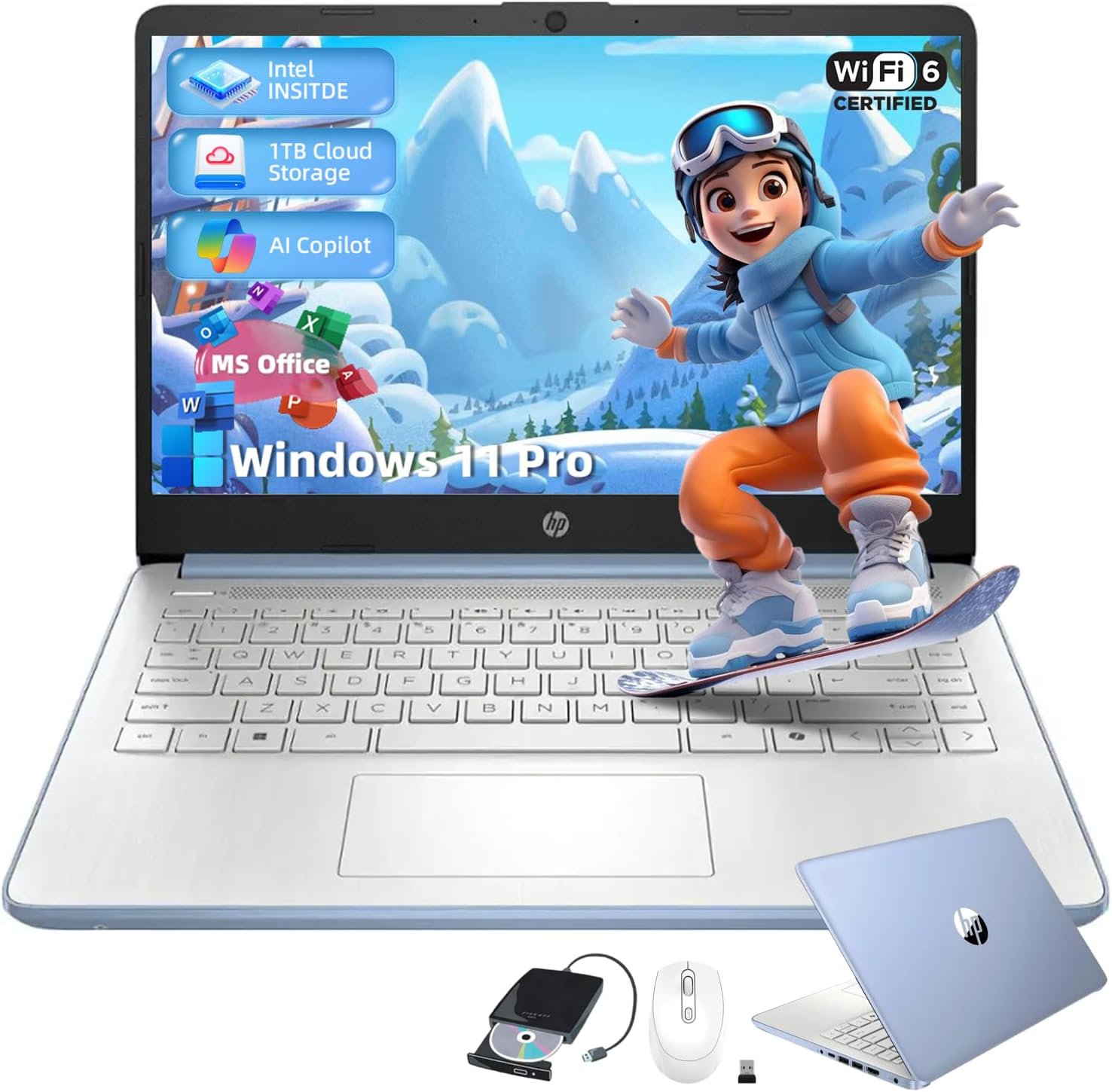 HP Student Business Laptop Computer – Intel N150 Processor, 16GB RAM, 384GB Storage (128GB UFS+256GB MSD), Microsoft Office Lifetime, w/DVD Drive, Copilot AI, 1TB Cloud Storage, AI Powered, Sky Blue