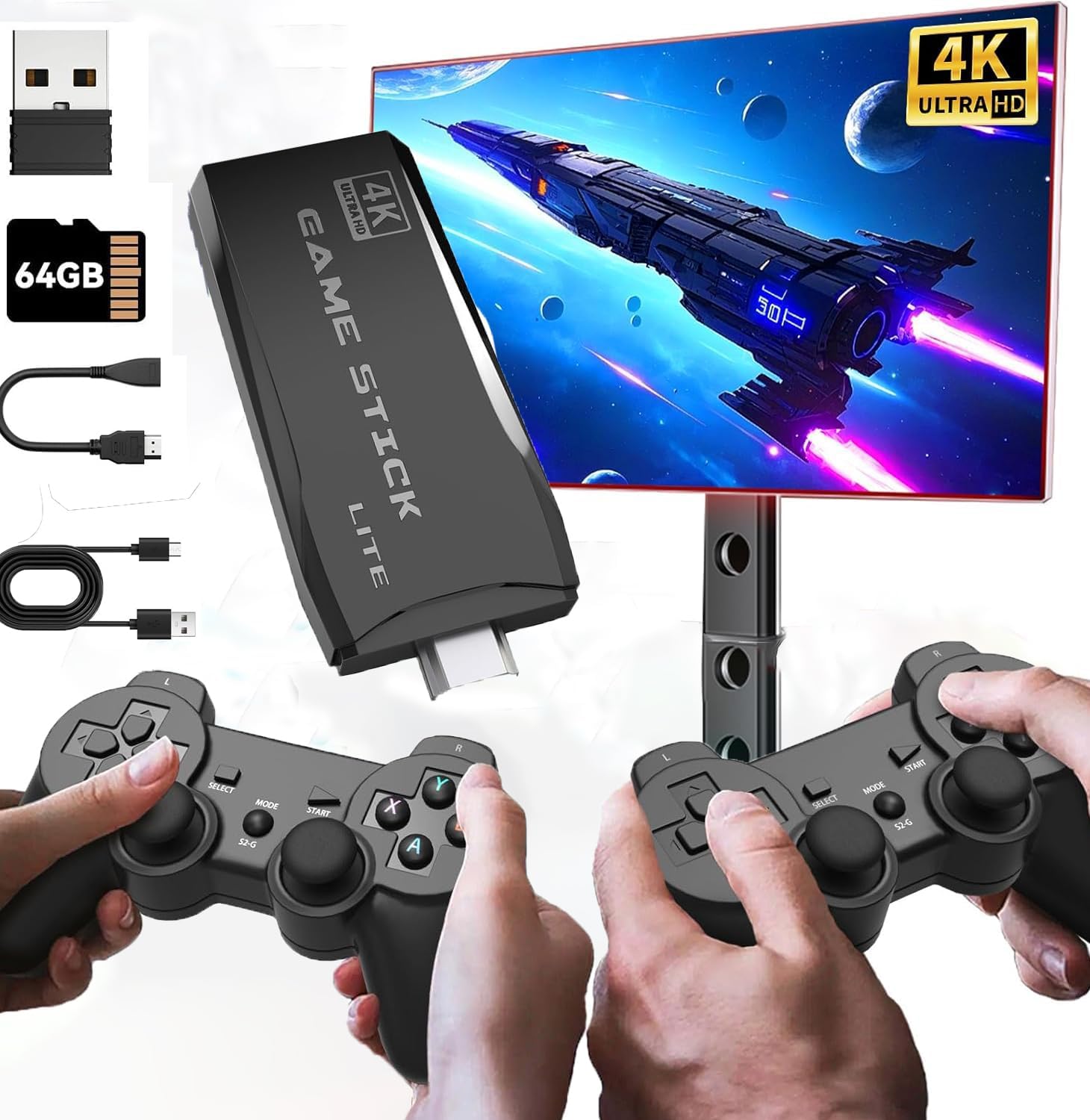 Wireless Retro Game Console, Retro Game Stick with Built-in 9 Emulators, 64GB,20,000+ Games, 2.4GHz Wireless Controller,4k Hdmi Output Plug and Play Video Game Stick for TV
