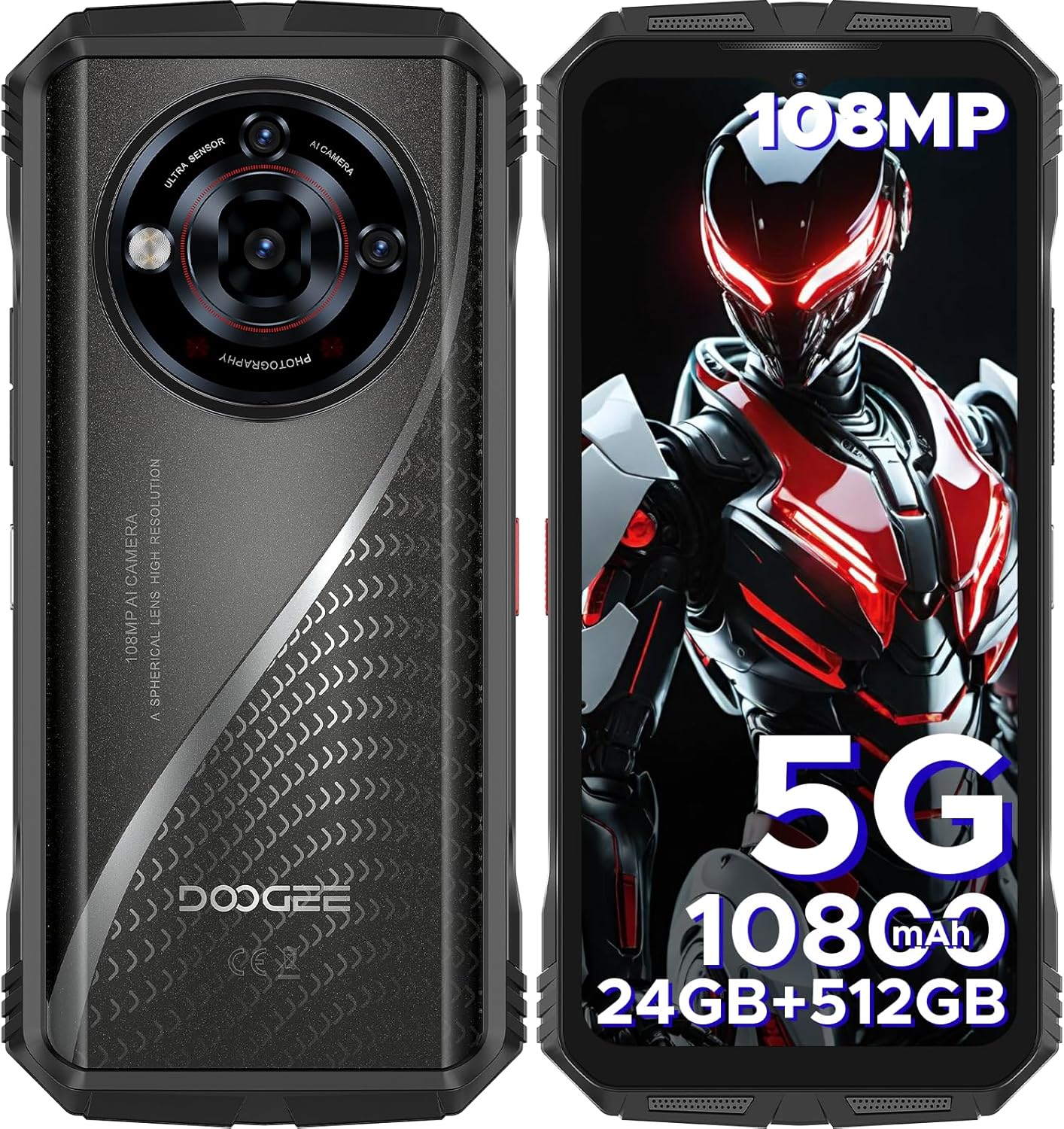 DOOGEE S118 Pro (2025) Rugged Smartphone 5G,10800mAh(33W) 24GB+512GB/2TB Rugged Phone,DDR5,108MP+20MP Night Vision,6.6”FHD+120Hz Rugged Unlocked Cell Phone,Dual SIM/Dual Unlock/NFC/GPS/OTG/WiFi 6