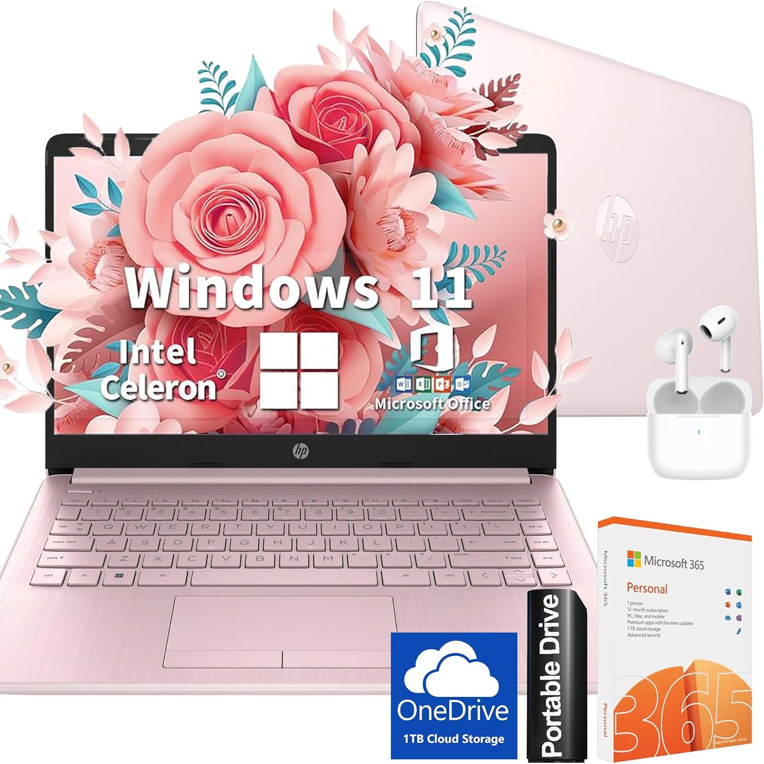 HP Ultralight 14 inch Laptop with Intel 4-Core Processor • with Microsoft 365 and Wireless Earbuds • 16GB RAM • 128GB External & 64GB Onboard & 1TB Cloud Storage • HD Display • Pink • Windows 11