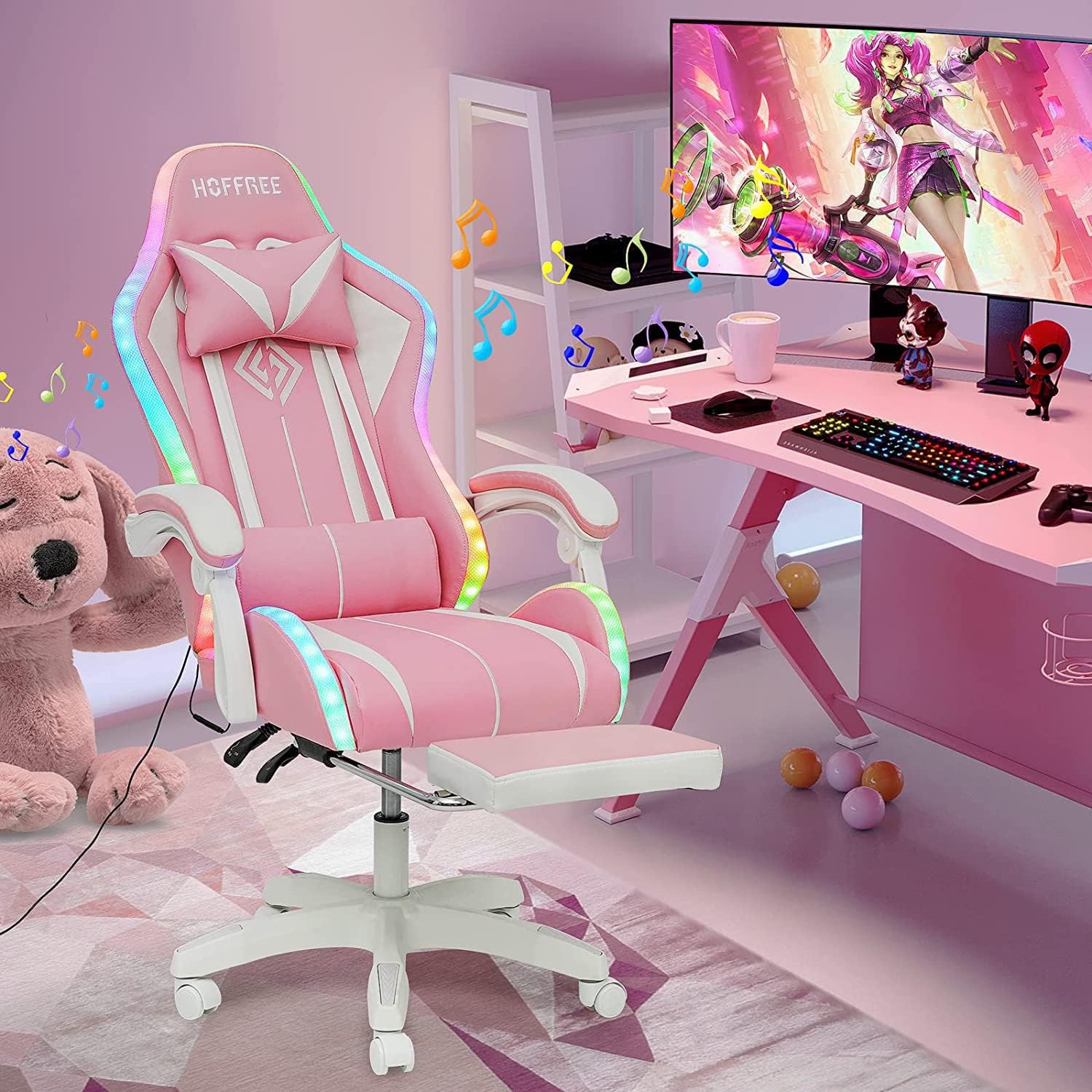 HOFFREE Pink Gaming Chair with Speakers and Led Lights Massage Video Game Chair with Footrest Reclining Computer Gaming Chair for Girls