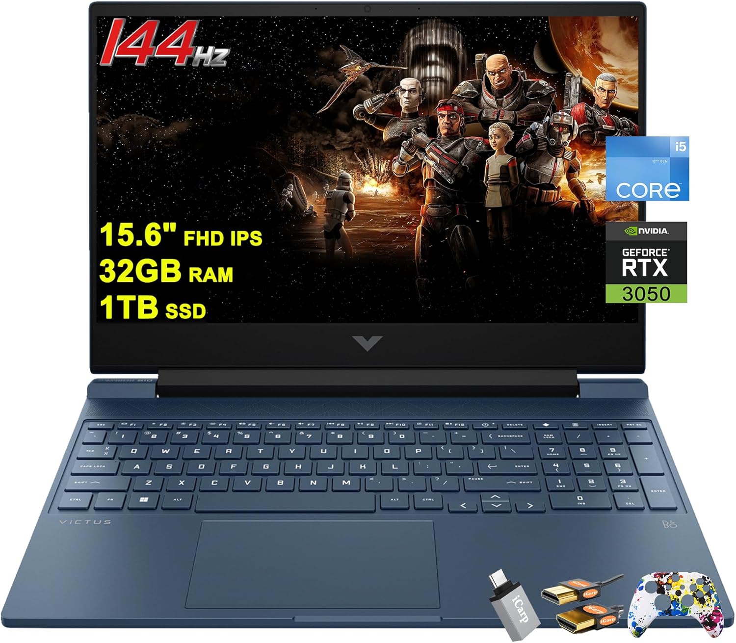 HP Victus 15 Gaming Laptop 15.6” FHD IPS Anti-Glare 144Hz Intel 8-core i5-12450H (Beat i7-11800H) 32GB RAM 1TB SSD GeForce RTX 3050 Backlit B&O Fast Charging Win11 Blue w/ICP Accessory
