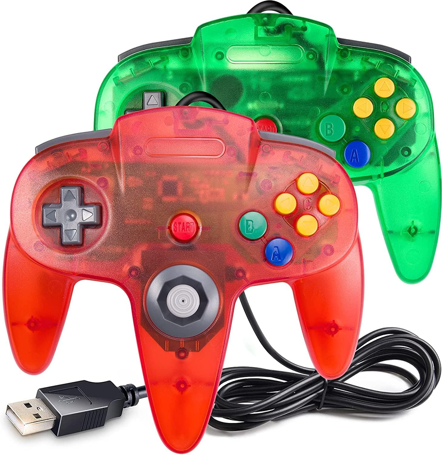 2 Pack Classic N64 Controller, Wired USB PC Game Pad Joystick, Bit USB Wired Game Stick Joy Pad Controller for Windows PC, MAC, Linux, Raspberry Pi 3, Sega Genesis (Clear Green/Clear Red)