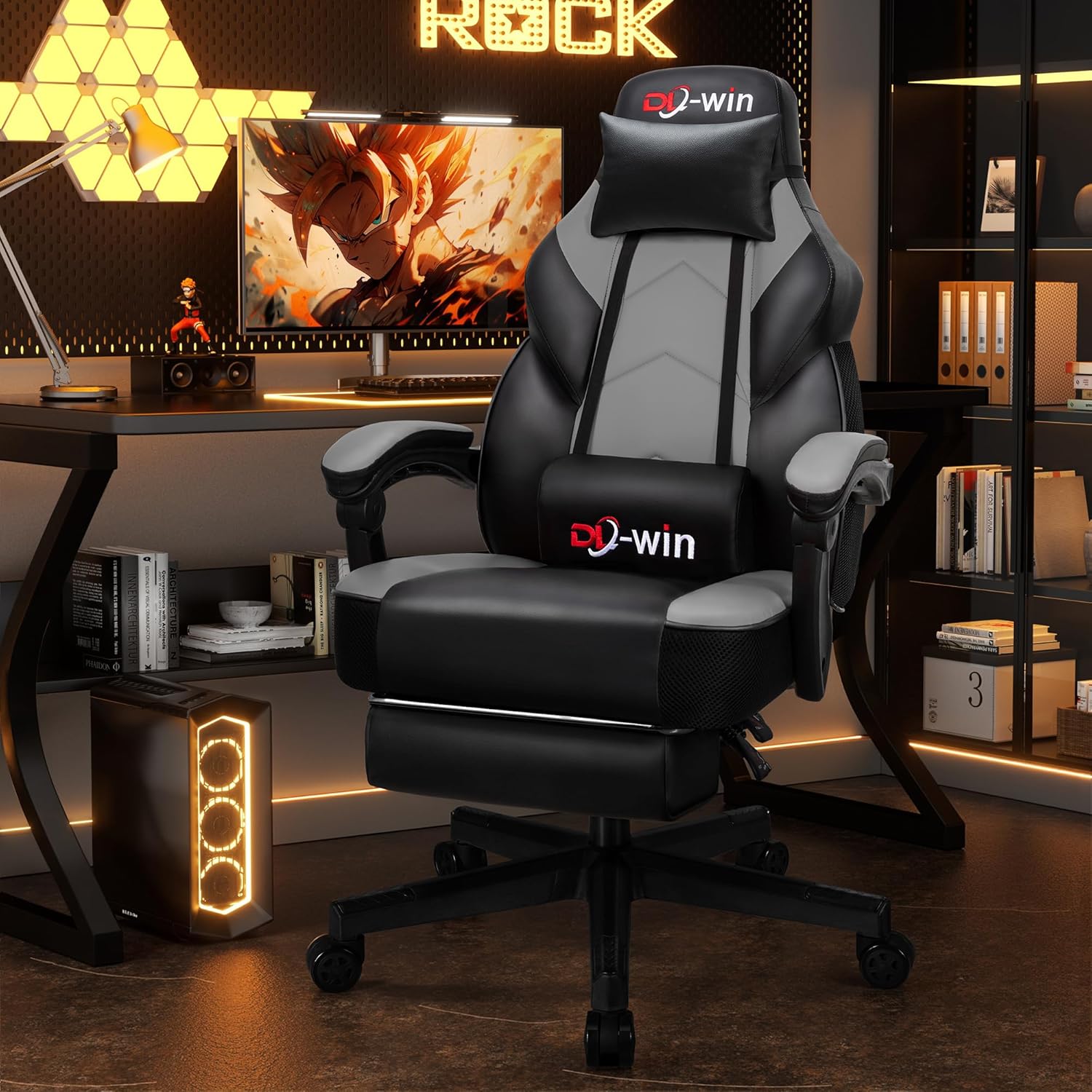 SUNLEI Comfortable Gaming Chair with Footrest, Computer Gamer Chair for Adults, Ergonomic Video Game Chairs with Adjustable Height Swivel & PU Leather, Grey