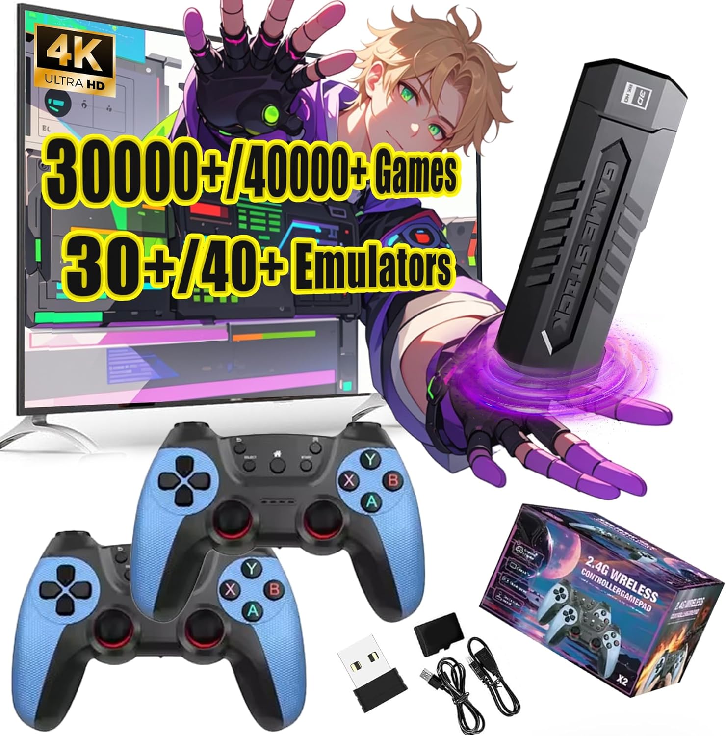 X2 Blue Retro Game Stick – 4K Retro Video Game Console 58000/40000/30000+ Games,50/40/30+ Emulators,HD Output,with 2 Wireless Controllers,Plug and Play,Home,TV/Computer,Gift for Men Husband (128G)