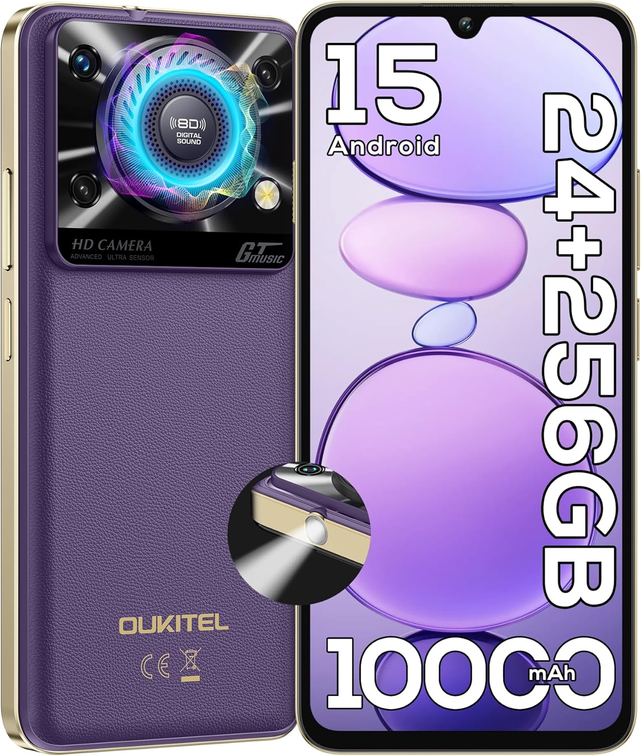 OUKITEL C60 PRO Android 15 Cell Phone Unlocked 2025-24GB+256GB/TF 1TB, 10000mAh Battery, 6.88” Display Smartphone,110dB Speaker,120LM Flashlight, 13MP Camera, 4G Dual SIM Phones, GPS/NFC/OTG/T-Mobile