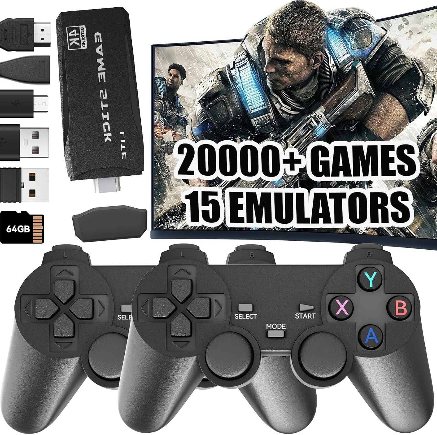 Retro Gaming Console, Plug and Play Video Games Console Wireless Game Stick with 20000+ Games Retro Handheld Game Console Built-in 15 Emulators 64G, 4K HDMI Output, 2.4G Wireless Controllers