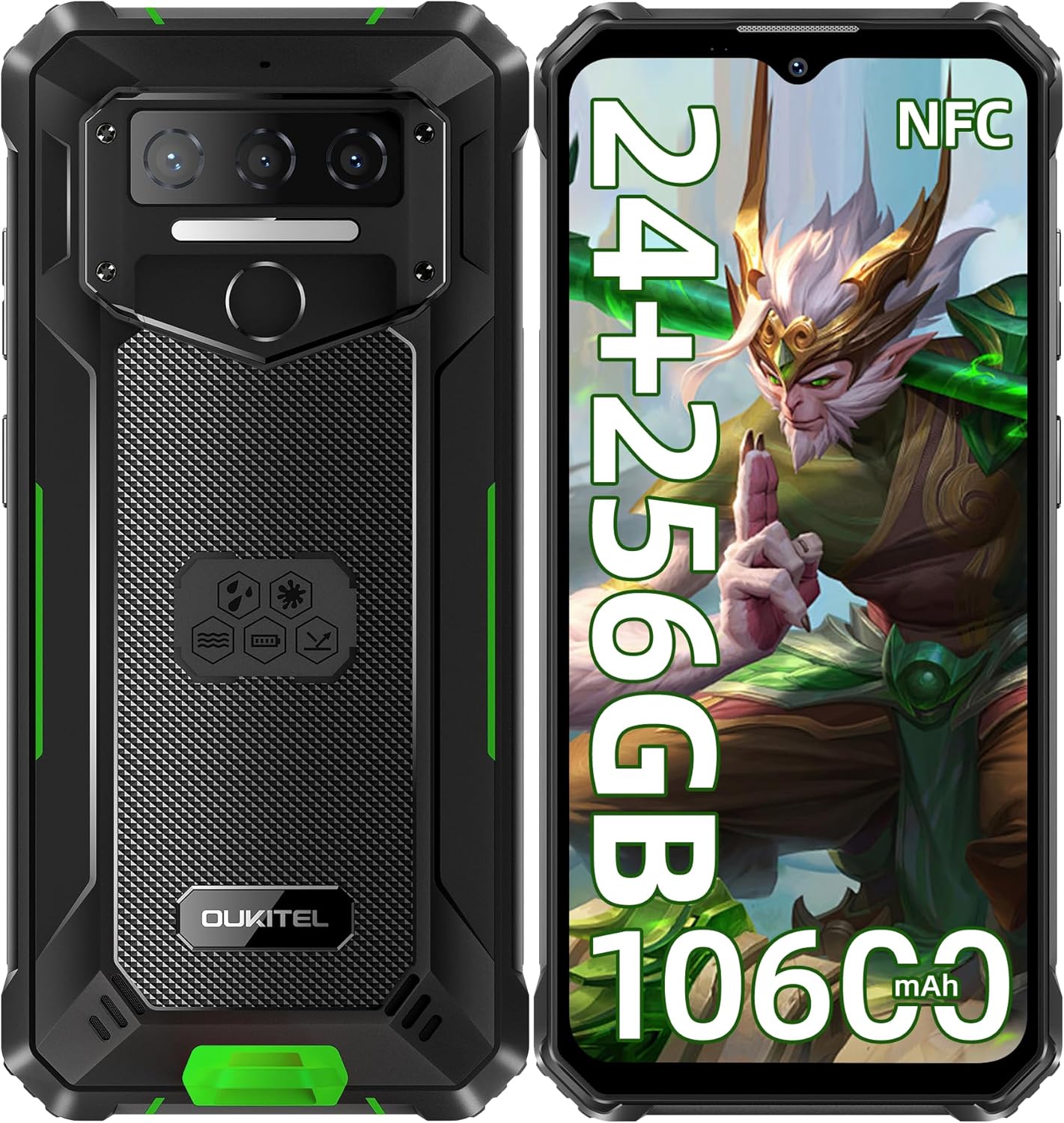 OUKITEL WP23 Plus Rugged Smartphone Unlocked 2025-24GB+256GB Cell Phones, 10600mAh Battery, 6.52” Display Smartphone, 13MP Camera, 4G Dual SIM Android 14 Phone, IP68/IP69K/NFC/GPS/T-Mobile, Green