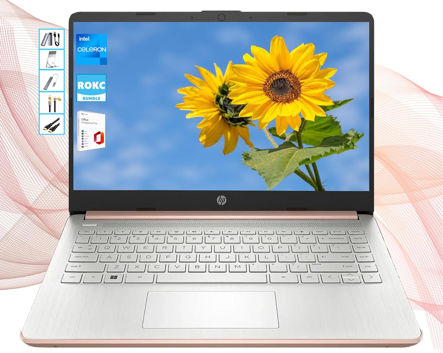 HP AI-Powered 14″ HD Laptop with Microsoft Office and 1TB Cloud Storage Included for 1-Year| 16GB RAM|128GB SSD & 128GB Portable SSD| Intel 4-Core CPU| Webcam| Ultra Light|Win 11| RK Bundle| Rose Gold