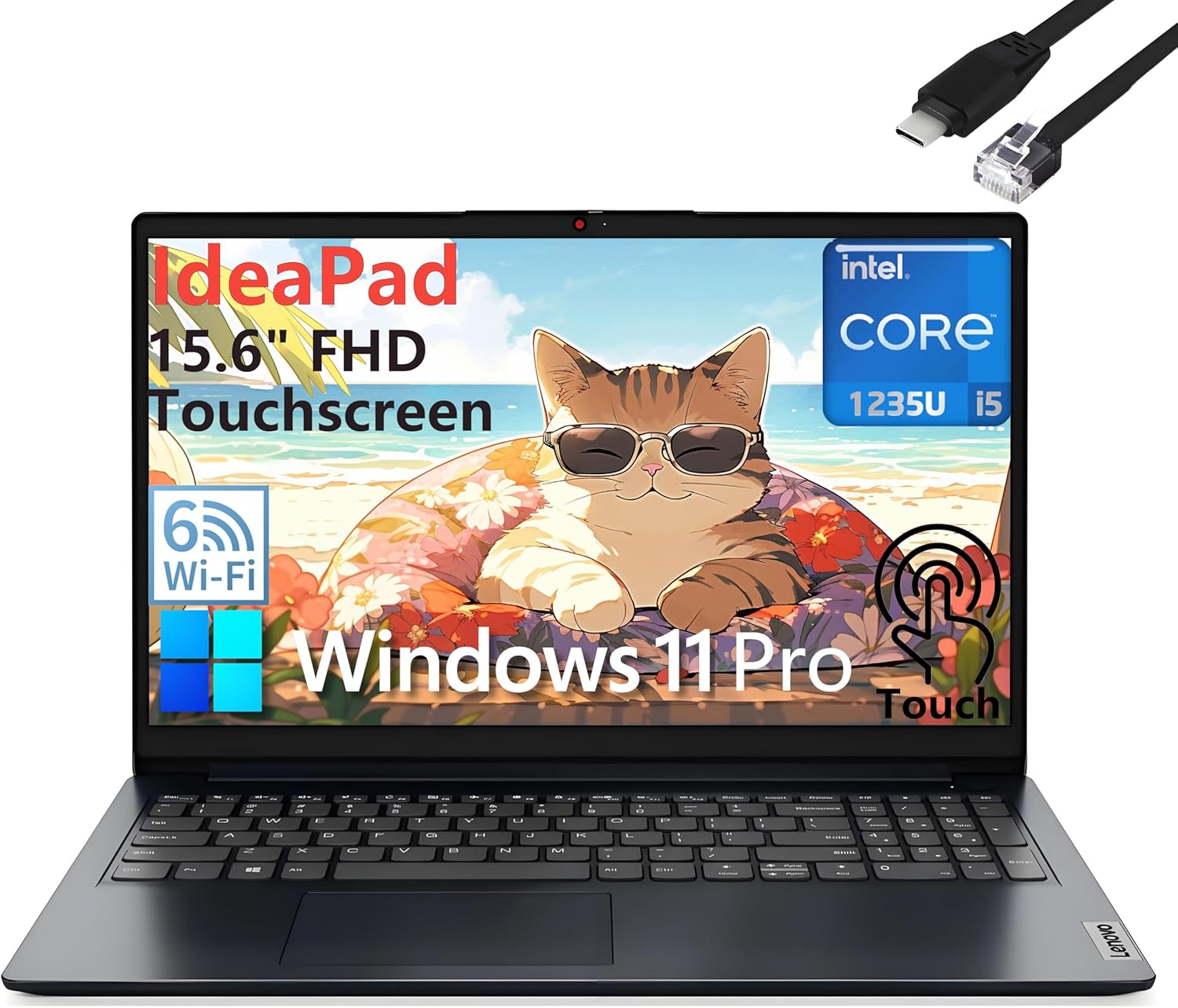 Lenovo Ideapad Laptop, 15.6″ Touchscreen FHD Computer, Intel 10-Core i5-1235U (Beat i7-1195G7), 16GB DDR4 RAM, 512GB PCIe SSD, WiFi 6, Abyss Blue, Windows 11 Pro S, BEF-ectoy Type-C to RJ45 Cable