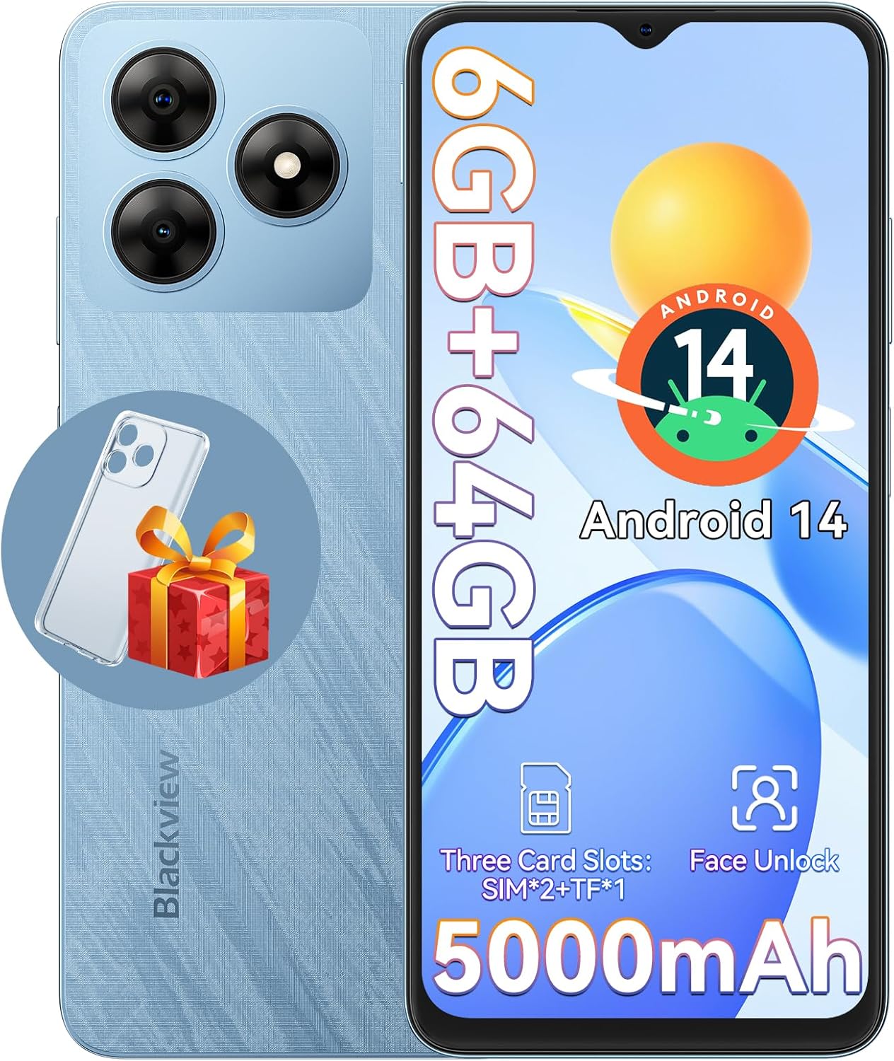 Blackview Wave 8C Unlocked Cell Phone, Android 14 Unlocked Phones, 5000mAh Smartphone, Octa-Core 6GB+64GB/SD 2TB Expand, 6.56″HD, 2 Years Warranty, 3 Card Slots, 3.5mm Headphone Jack, 4G Dual T-Mobile