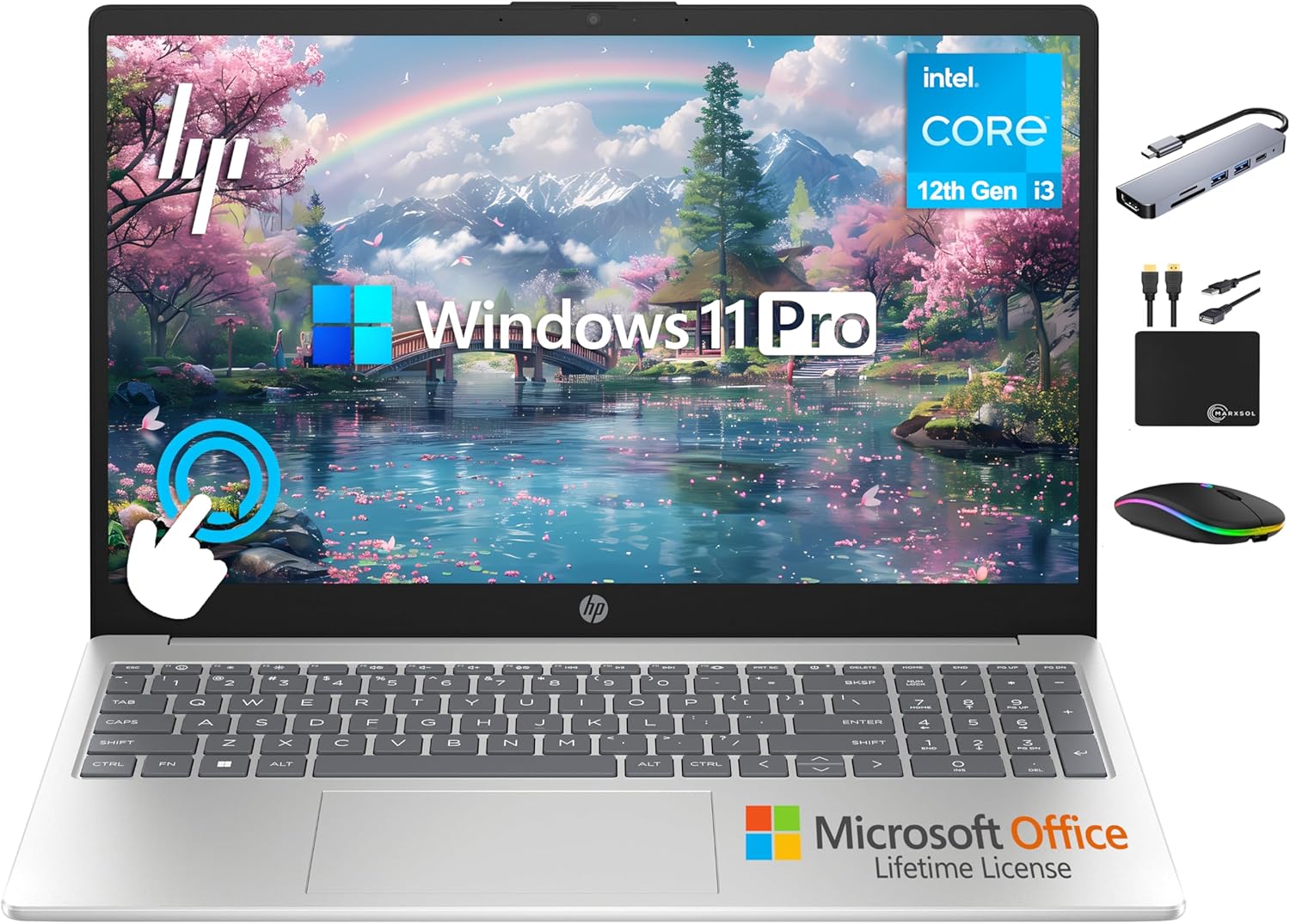HP 2025 Business 15.6″ HD Touch Laptop, 6-Core Intel i3 Processor (Upto 4.4GHz), 16GB RAM, 1.5TB Storage (1TB SSD + 500GB Ext), Long Battery, MarxsolAccessory, Lifetime Microsoft Office, Win 11 Pro