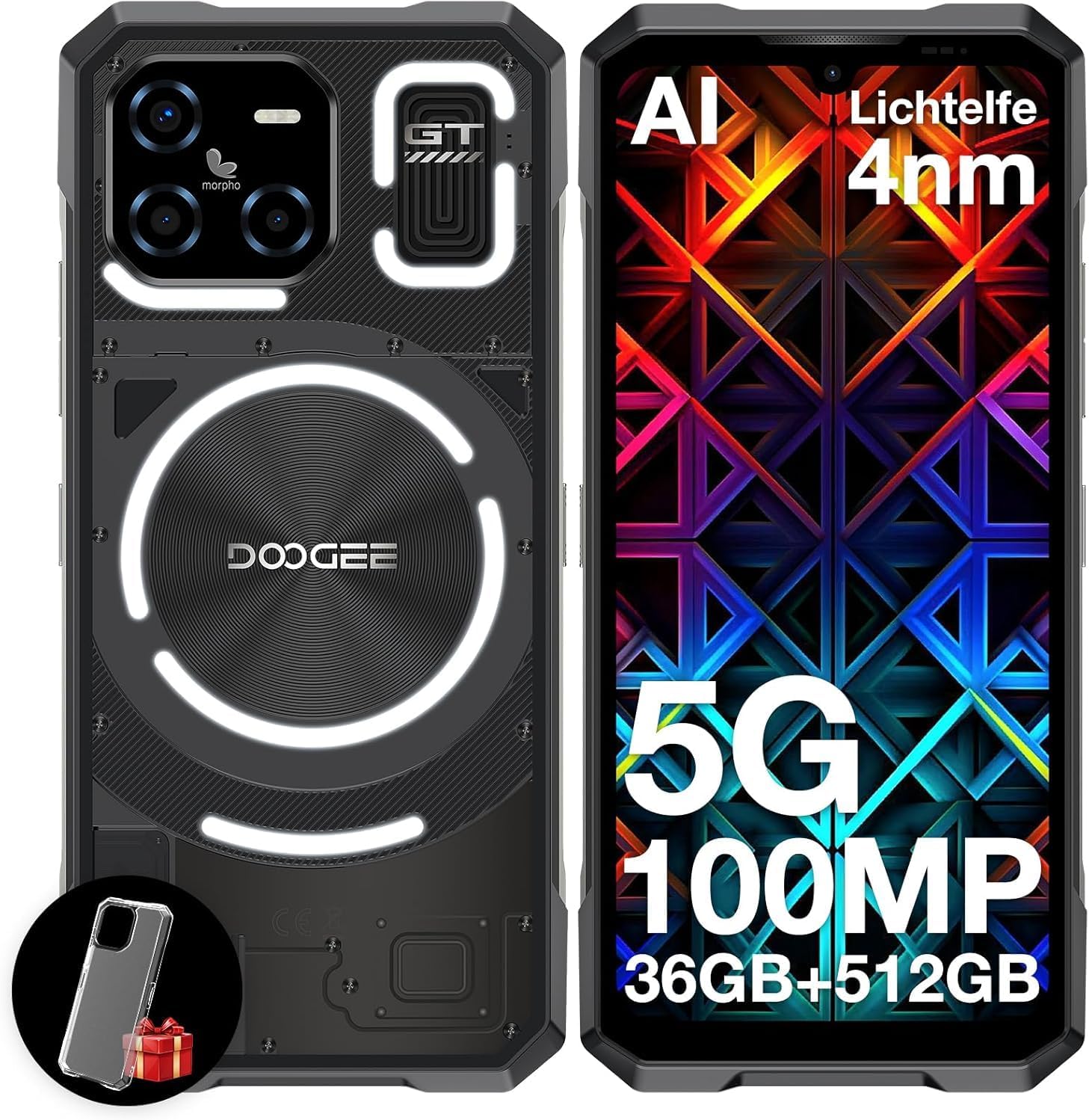 DOOGEE Blade GT Ultra 5G Rugged Smartphone with LED Light Effect, 36GB+512GB/2TB DDR5 Rugged Phone,4nm Dimensity D7300,6.72″ FHD+120Hz, AI 100+32MP Android 14 Gaming Phones,Face & Finger ID/WIFI6