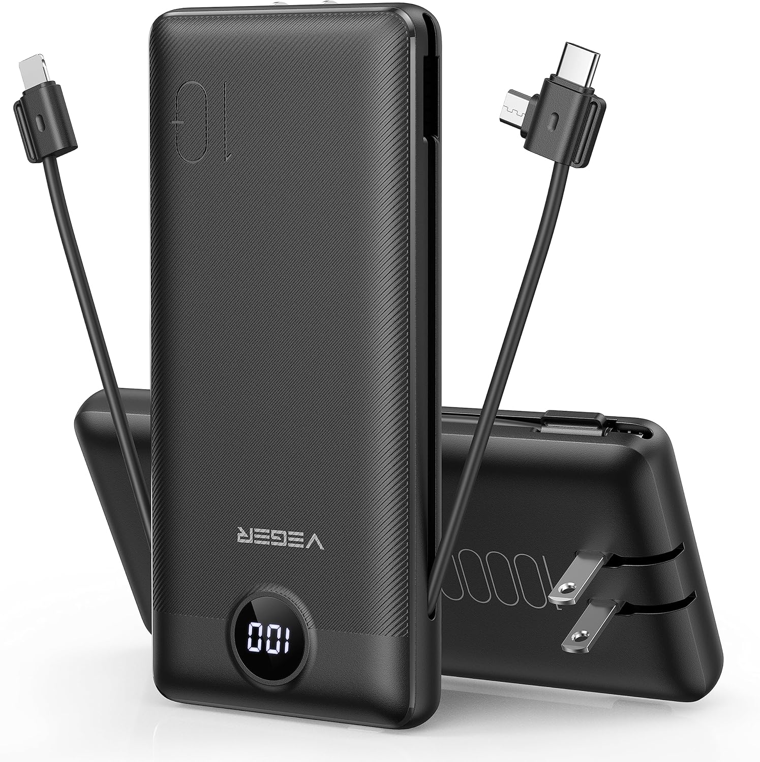 VEGER Portable Charger for iPhone Built in Cables and Wall Plug, 10000mah Slim Fast Charging USB C Power Bank, Travel Essential Battery Pack Compatible with iPhones, iPad, Samsung More Devices(Black)